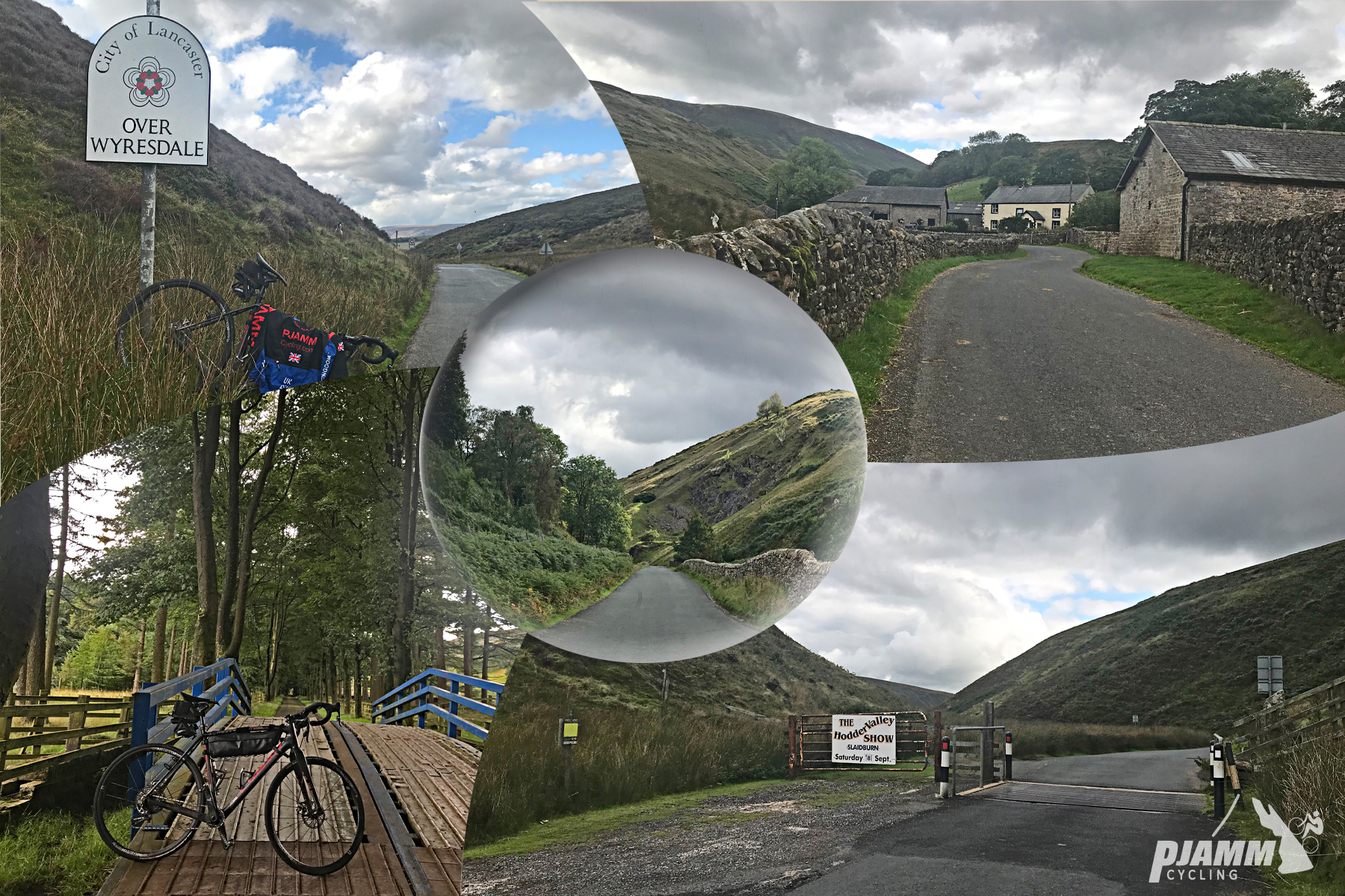 Cycling Trough of Bowland, Britain  - bike leaning against road sign for City of Lancaster Over Wyresdale, PJAMM Cycling jersey draped over bike, stone fence lined road leading towards white buildings in village, bike parked in front of bridge with blue railing
