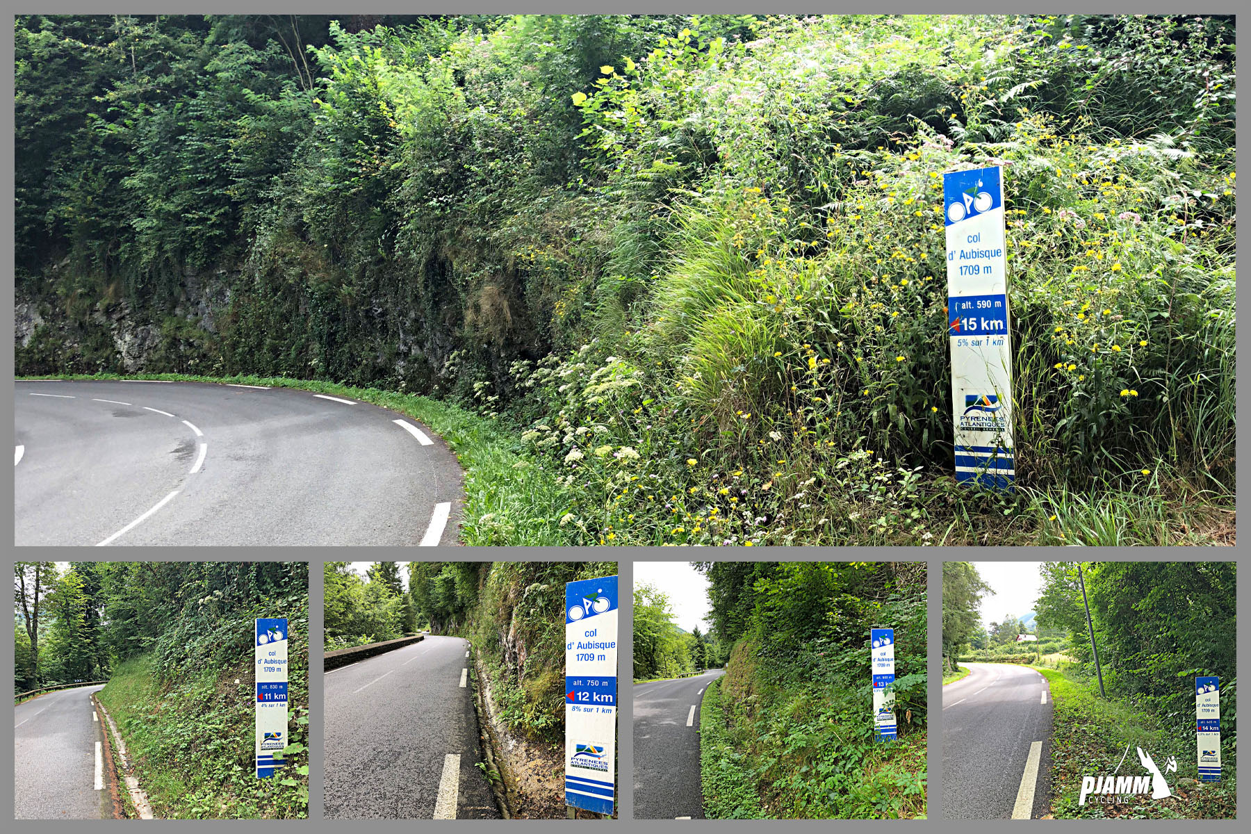 Cycling Col d’Aubisque from Laruns - photo collage of KM Markers throughout the climb