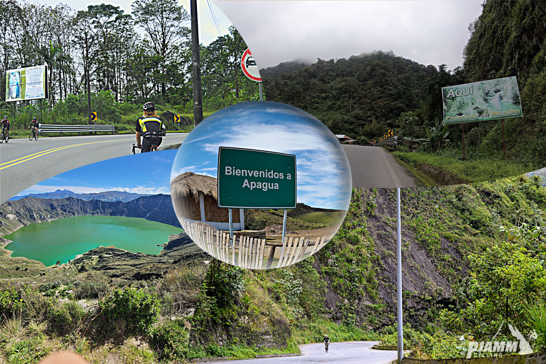 photo collage, road sign reads "Bienvenidos a Apagua"; green mountain lake, cyclist rides on roadway surrounded by green forest