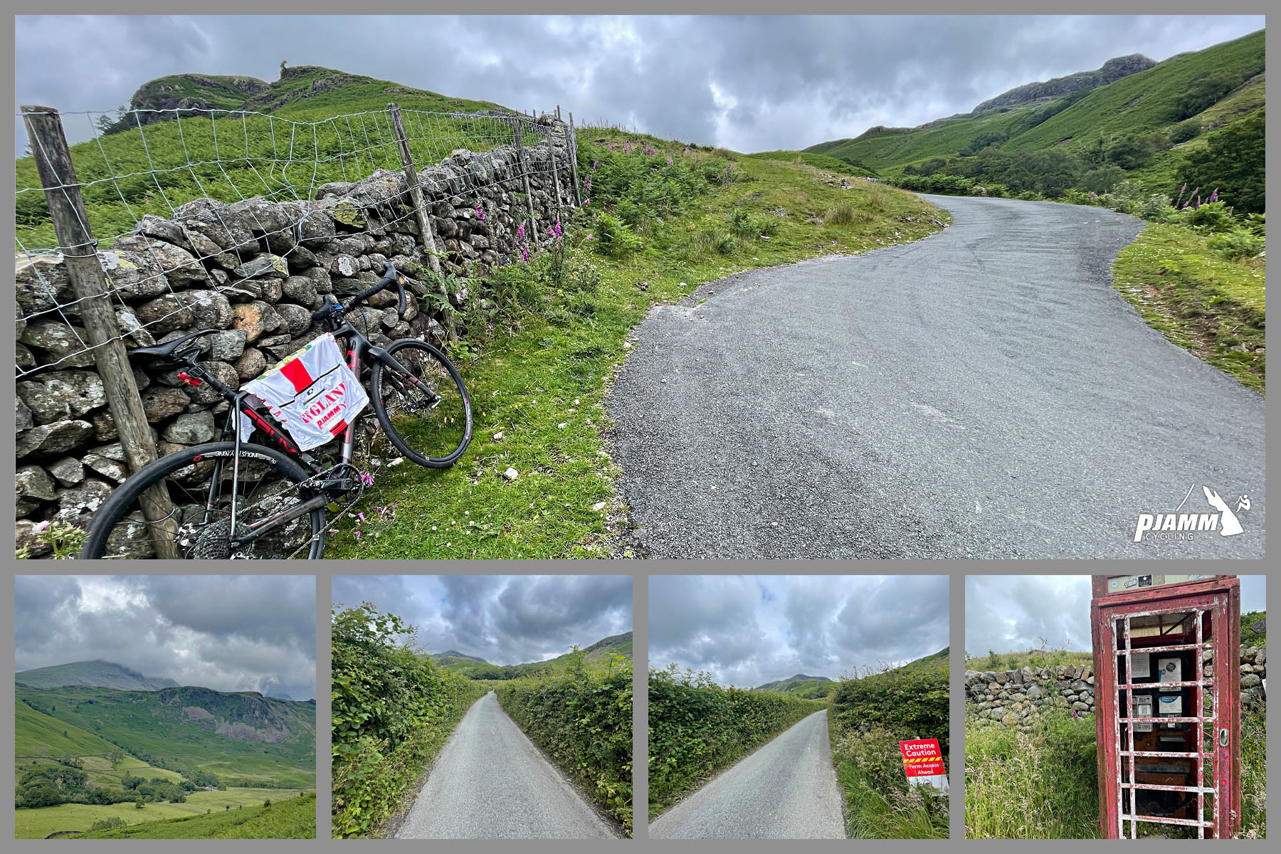 photo collage shows bike parked next to stone fence, old red telephone booth