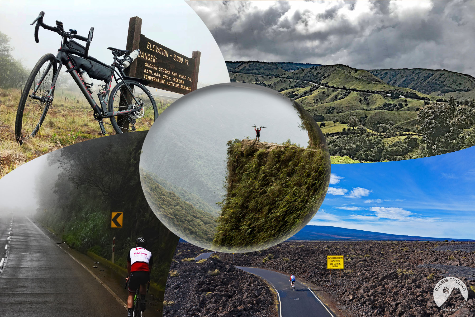 Photo collage shows #3 Mauna Kea, Hawaii  top left; #2 Alto de Letras, Colombia top right
#5 Mauna Loa, Hawaii bottom right; #1 La Muerta, Ecuador bottom left;
#7 Death Road, Bolivia, center.