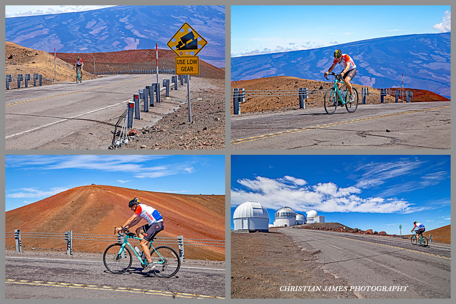 Cycling Mauna Kea from the West  - cyclist climbs on roadway toward climb finish, Observation Center can be seen in distance, sign warning to use low gear