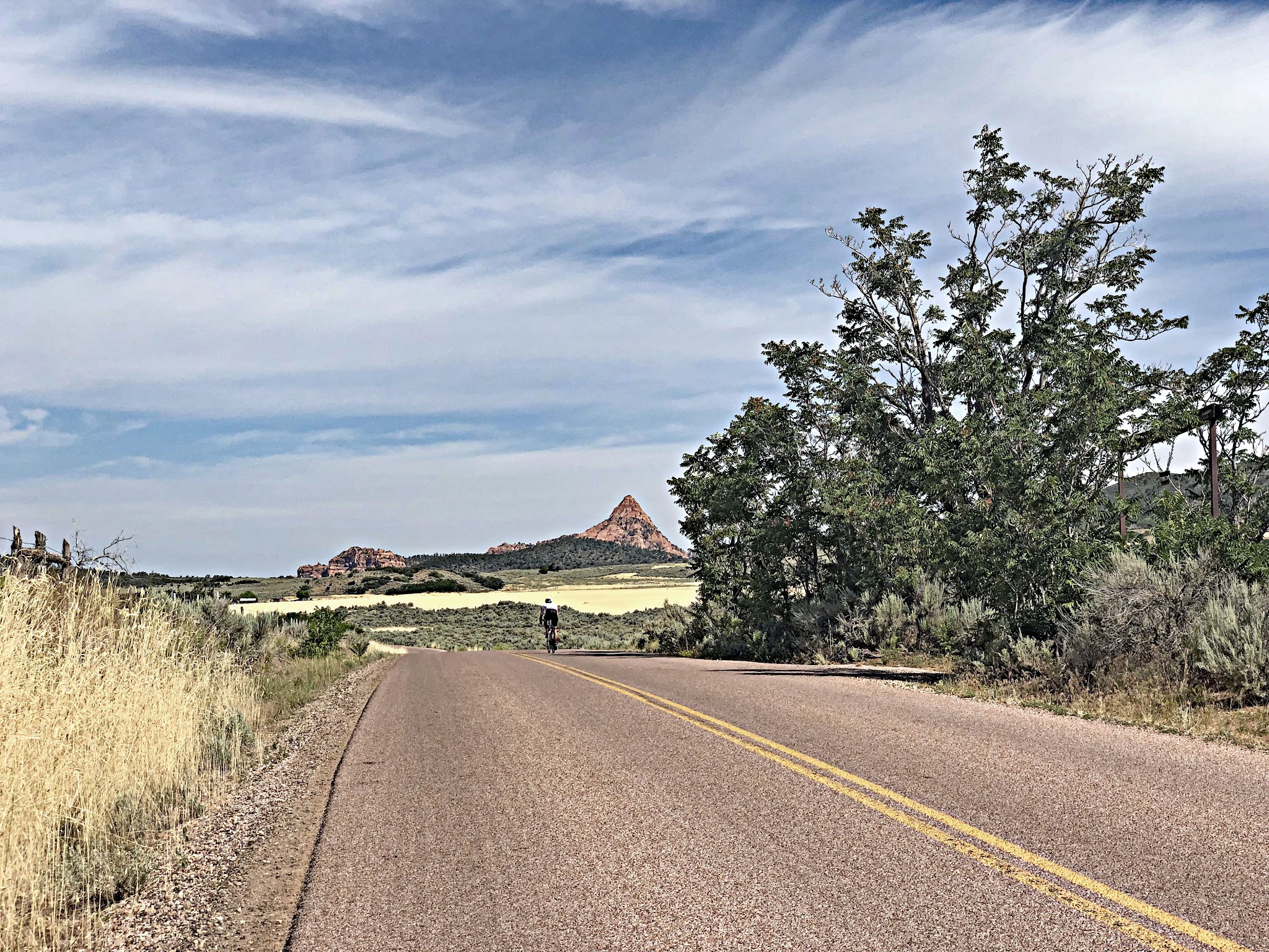 Climbing by bike Kolob Terrace Road - cyclist on road with Red Butte in background