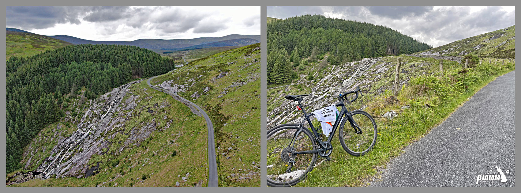 bike parked on road side next to Glenmacnass Waterfall