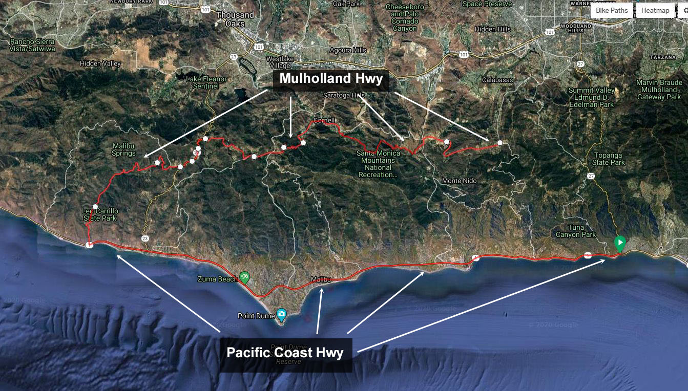Cycling Malibu Canyon Road to the top of Piuma Road - Google Maps aerial view of Pacific Coast Highway, Santa Monica Mountains