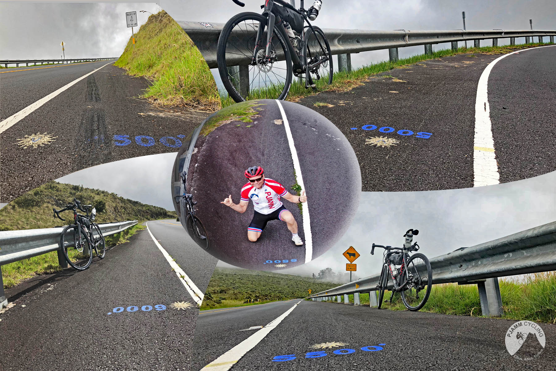 Climbing Haleakala Volcano  by bike - road altitude markers, roadway, clouds and bike