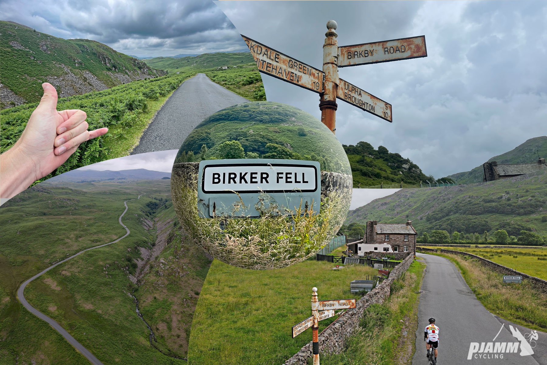 Cycling Birker Fell, England photo collage; old road signs, street sign for Birker Fell; PJAMM Cyclist rides on roadway bordered by stone wall