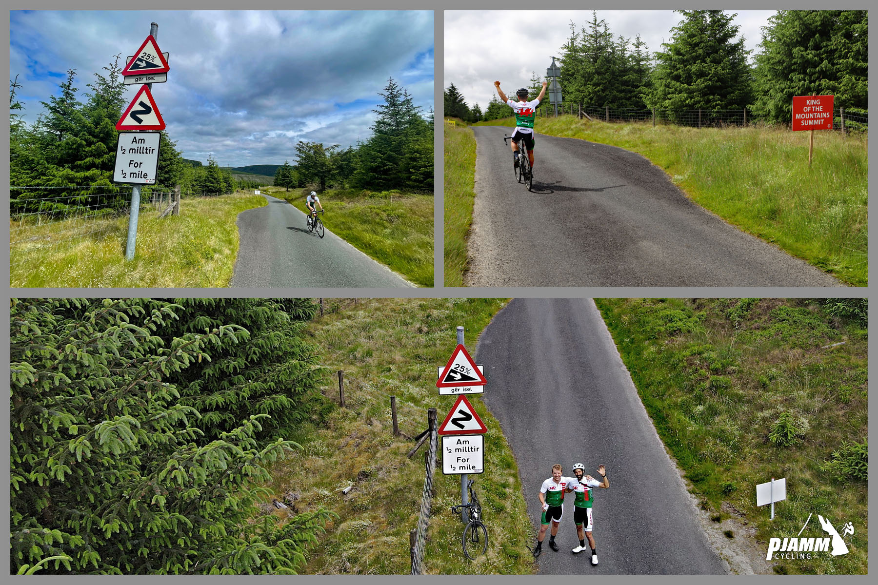photo collage shows aerial views and street views of PJAMM Cyclists celebrating at climb's finish