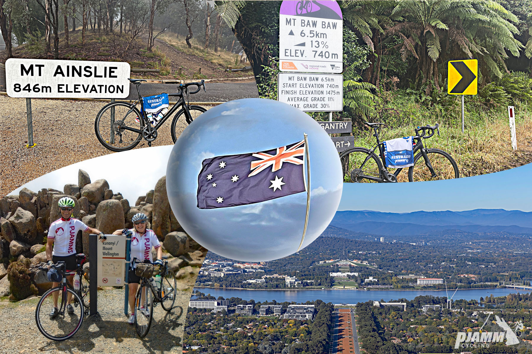 photo collage includes Australian  flag, sign for Mt. Baw Baw, sign for Mt. Ainslie