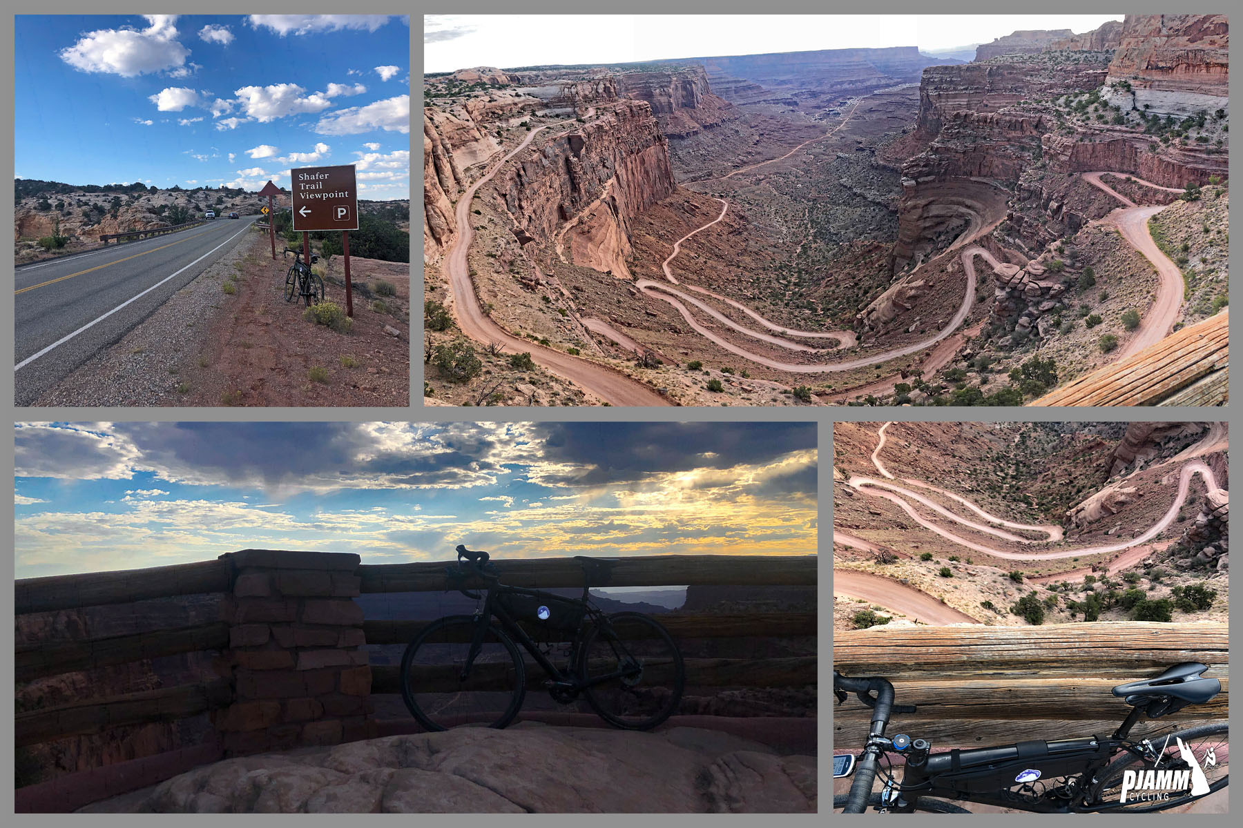 Cycling Shafer Trail, Canyonlands National Park - aerial drone views of very narrow, dirt road, climbing along side of canyon, road sign for Shafer Trail Viewpoint, view from Shafer Trail viewpoint at sunset, PJAMM Cycling logo in corner