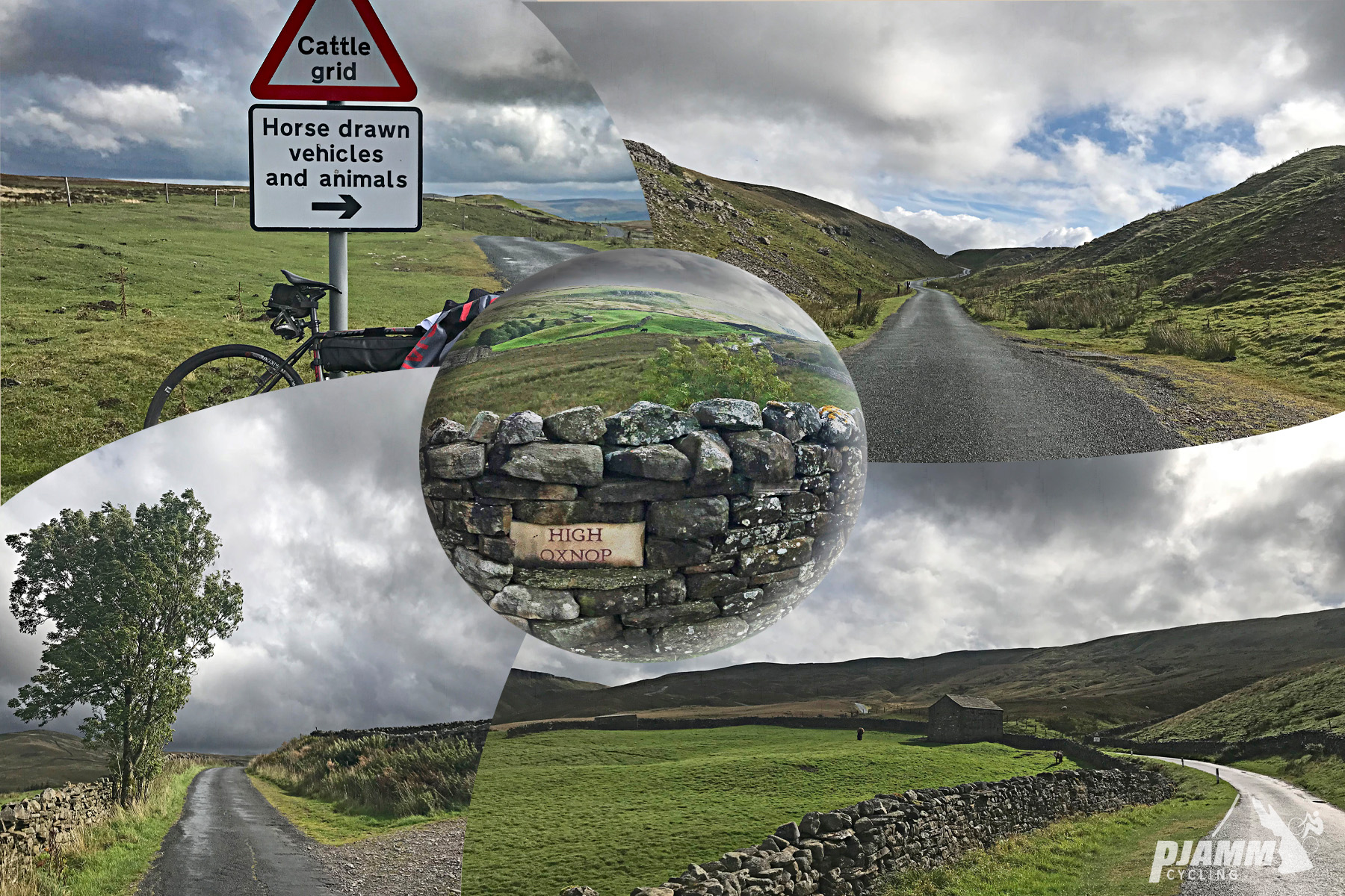 Cycling Oxnop Scar - bike leaning against road sign saying "Cattle Grid, Horse Drawn vehicles and animals", road sign on low rock wall saying "High Oxnop", narrow one-lane road winding through pastureland