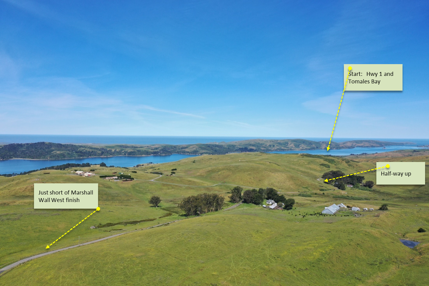 Cycling Marshall Wall West, Marin County, California - aerial view of Tomales Bay and roadway along climb