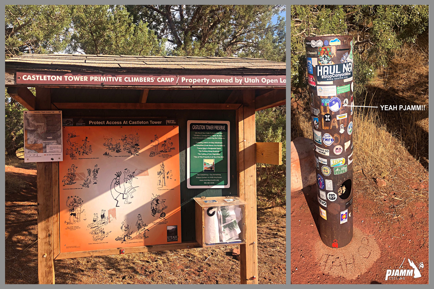 Cycling La Sal Loop Road at Castle Valley - informational sign at Castleton Tower Primitive Climber's Camp, PJAMM Cycling logo in corner 