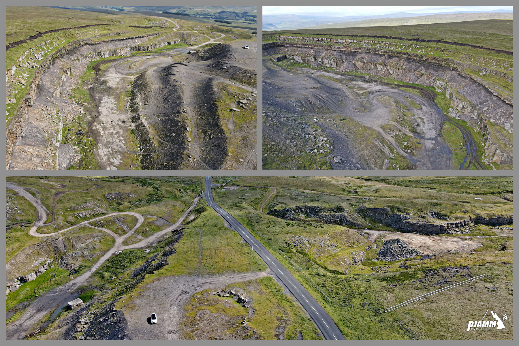 photo collage shows aerial drone views of the Harthope Moss Quarries