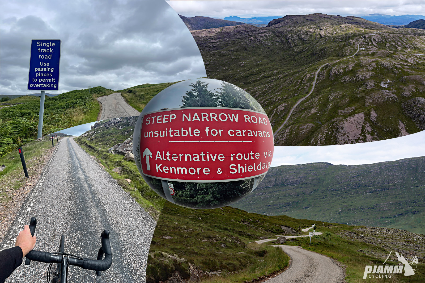 photo collage shows road signs warning of single track, steep, narrow road; PJAMM Cyclist rides on one-lane roadway; aerial drone view shows road snaking across ridgeline
