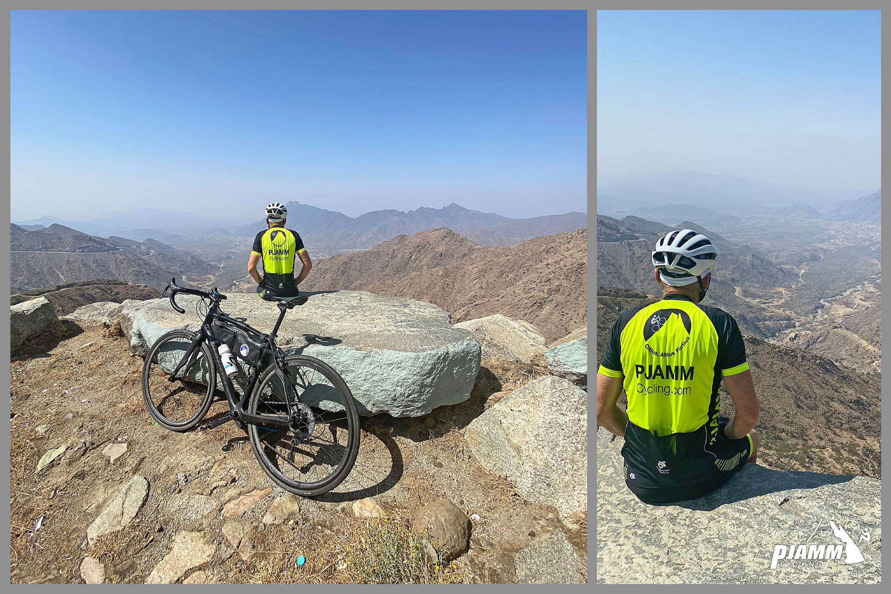 Cycling Sinan Road (Al Meger), Saudi Arabia - PJAMM Cyclist John Johnson sits on large rock overlooking the mountain range at the top of climb, his bike next to him