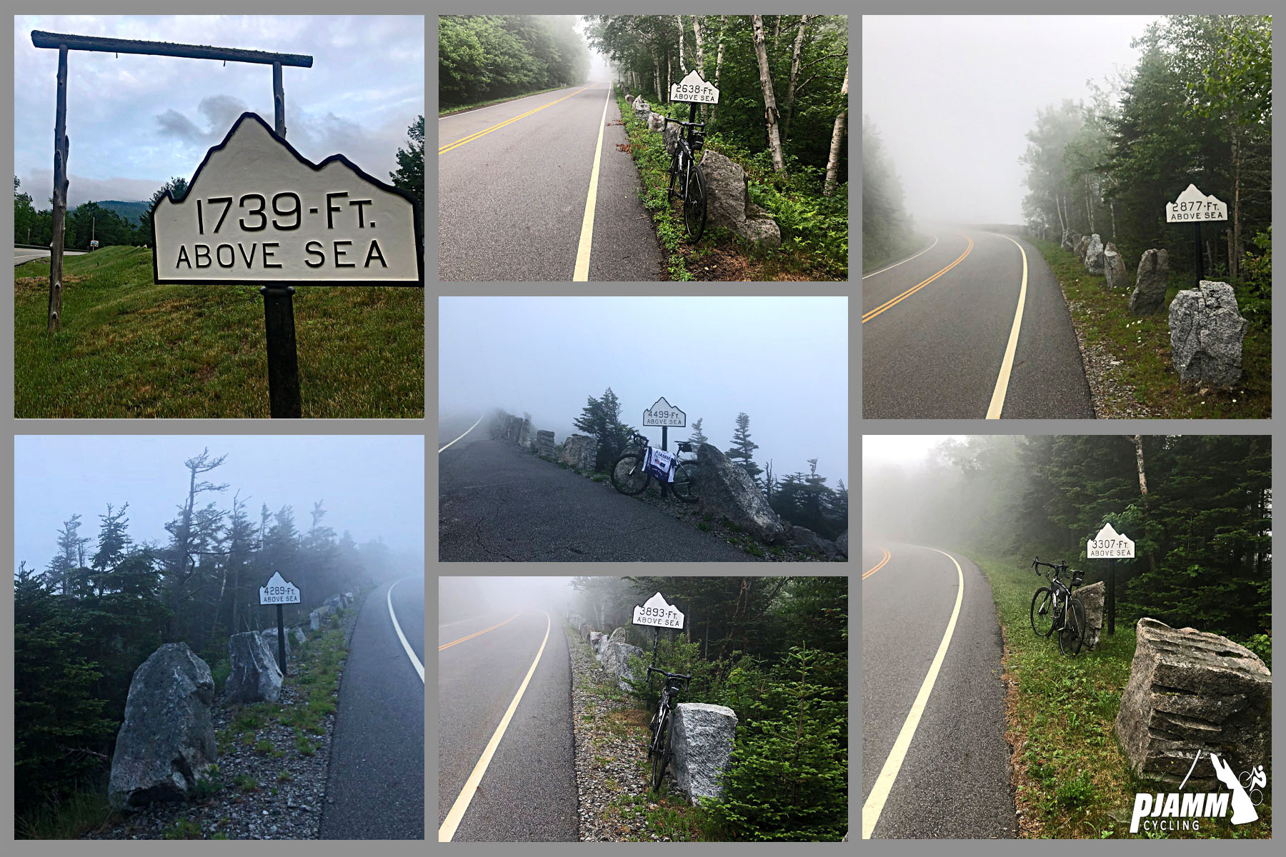 Cycling Whiteface Mountain - photo collage, multiple mile-marker mountain-shaped signs noting various feet above sea level
