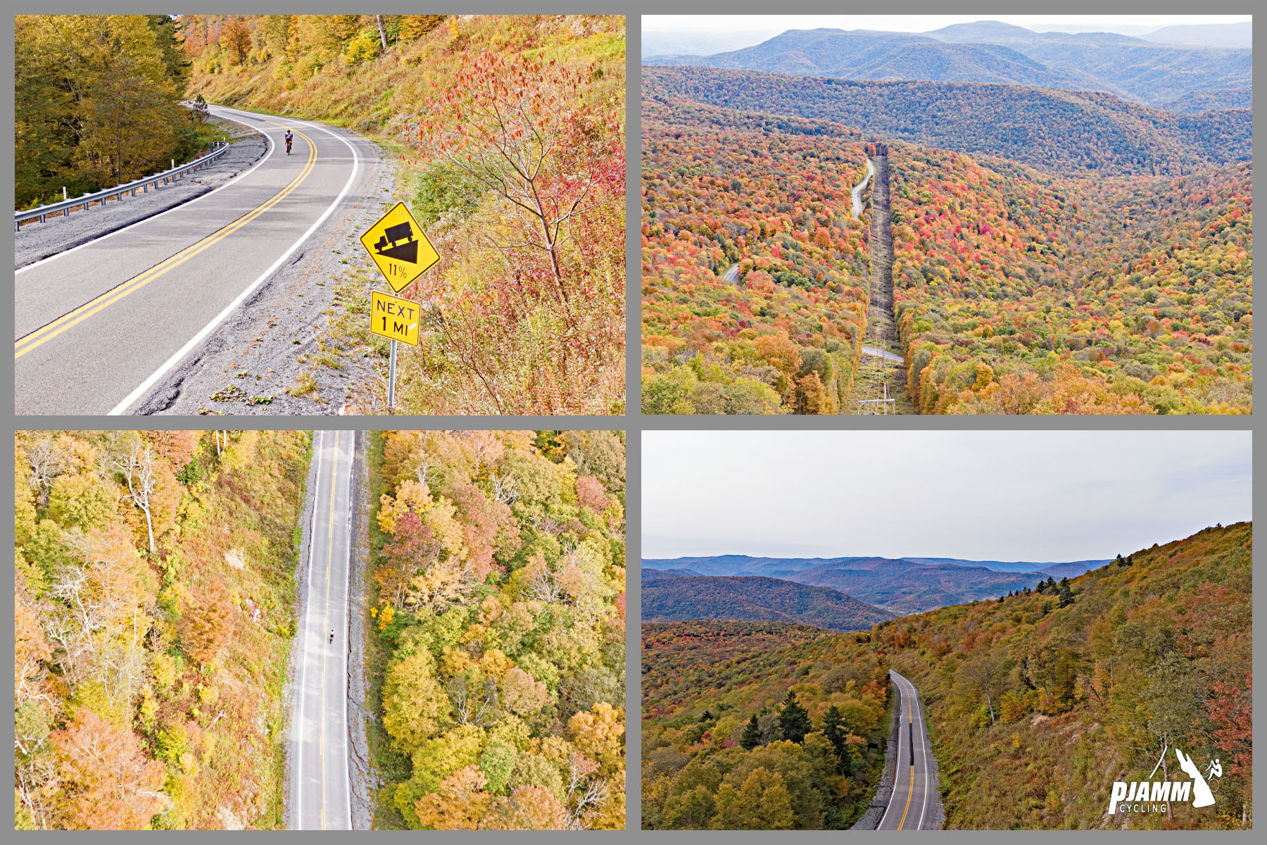 Cycling Snow Shoe Drive East, West Virginia - aerial drone footage shows dense foliage along both sides of two-lane raodway, PJAMM Cycling logo in corner