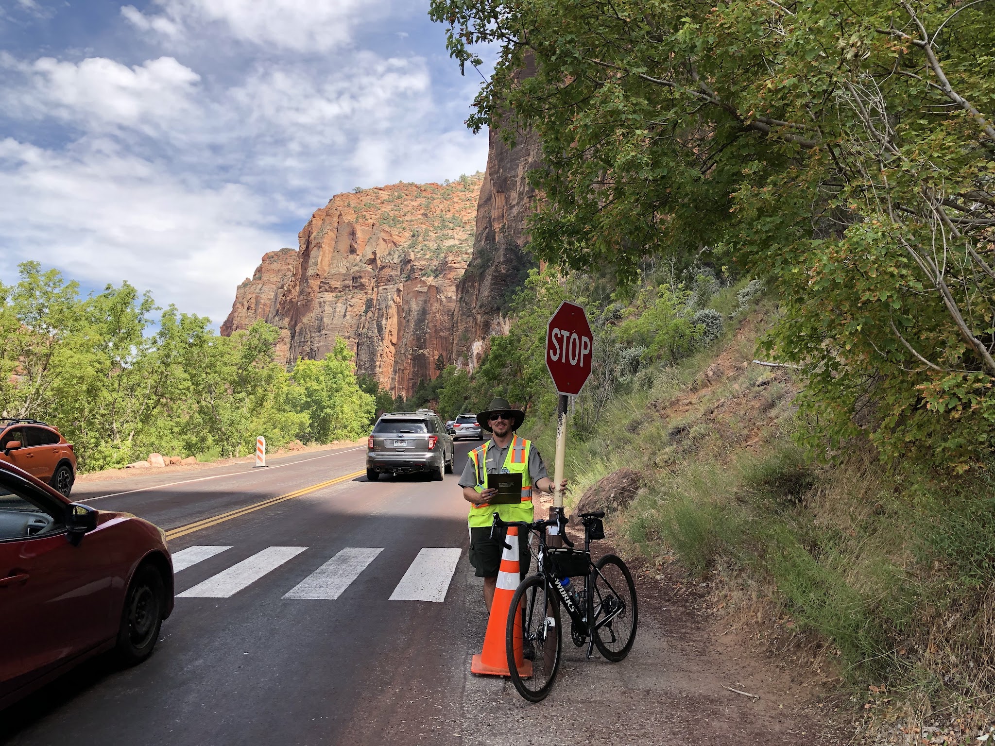 Hwy 9 to Zion Tunnel Bike climb Hwy 9 to Zion Tunnel - bike leaning against stop sign at tunnel