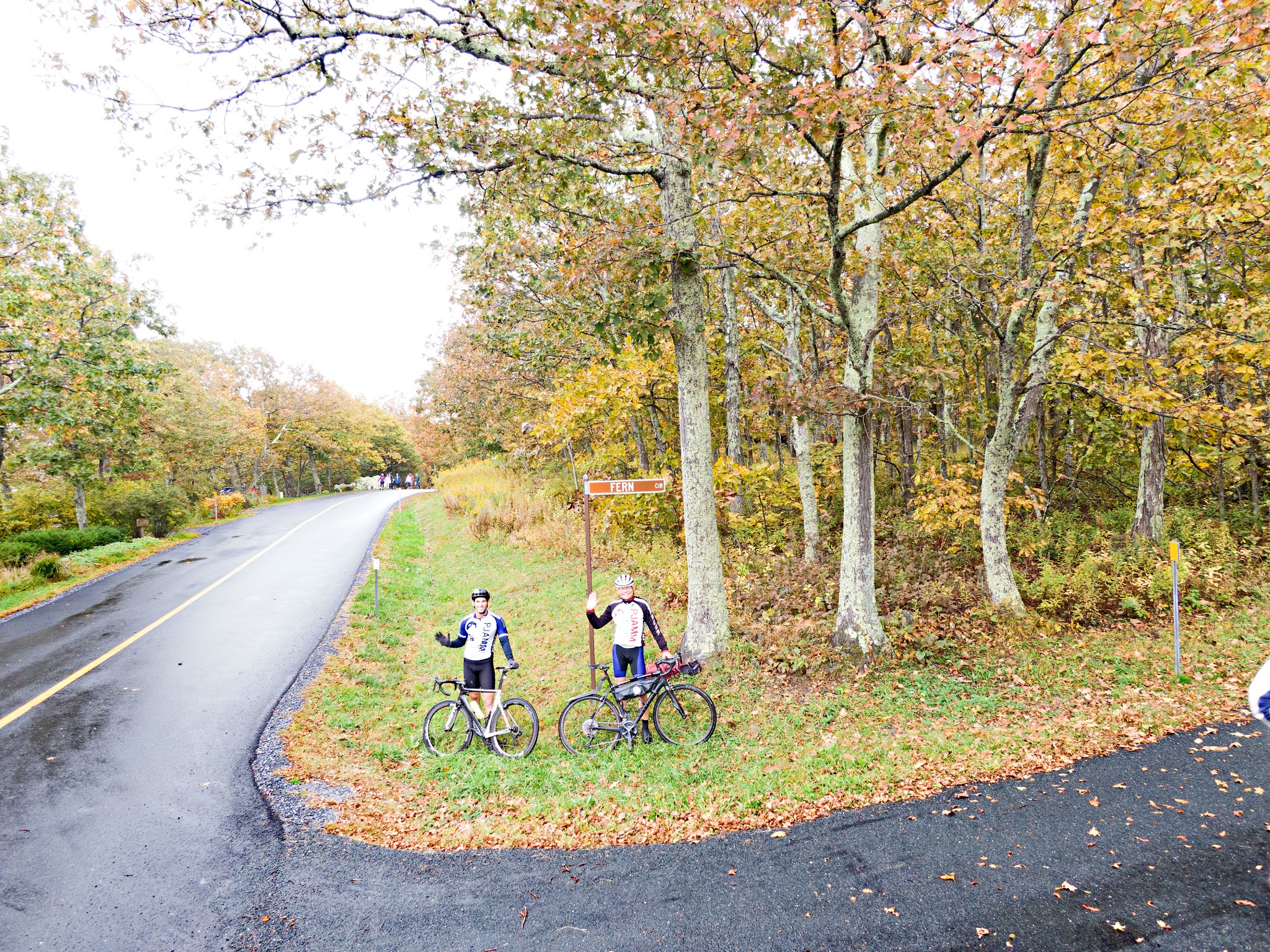 Cycling Wintergreen, Virginia - two PJAMM Cyclists stand with bikes at climb finish next to tall trees on road side, fall foliage