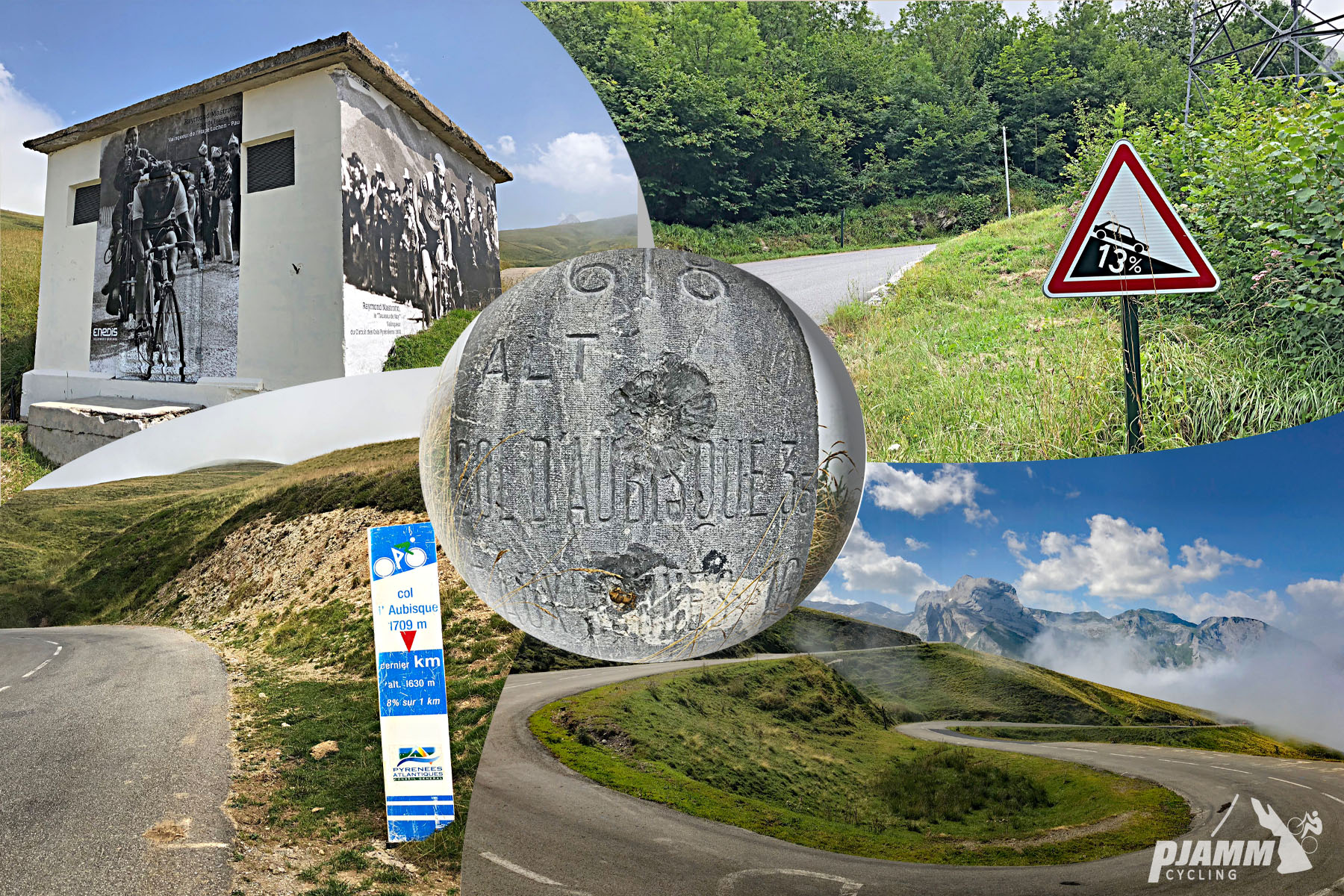 Photo collage shows PJAMM Cycling's climb up the route of Stage 18 of the 2022 Tour de France