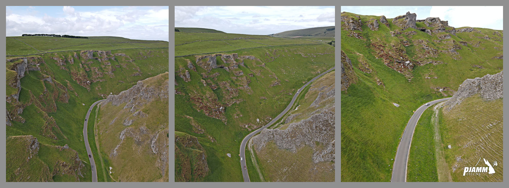 photo collage shows aerial drone view of Winnat's Gorge, road running parallel to rock formations