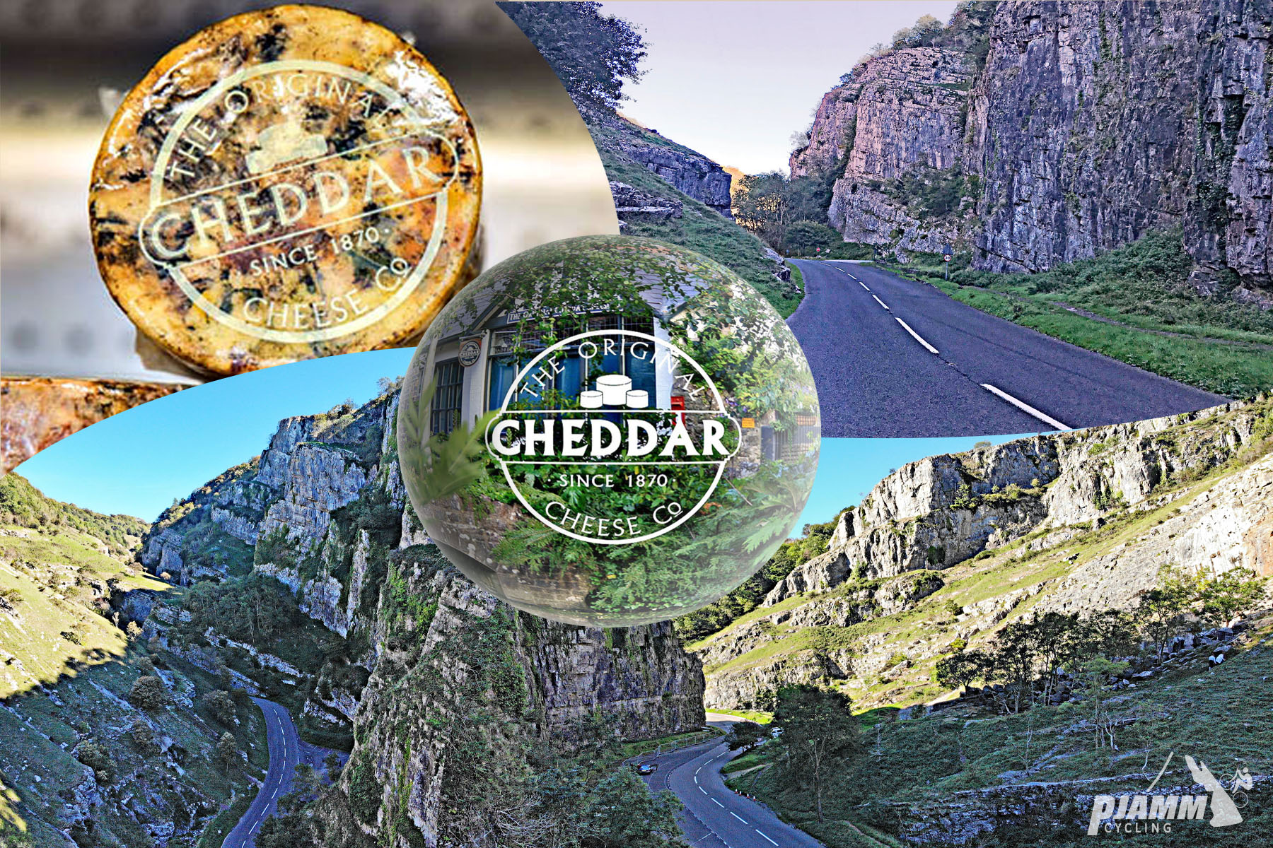Cheddar Gorge Cycling Cheddar Gorge - Cheese with "The Original Cheddar Cheese Co." logo, roads lined with limestone rock walls