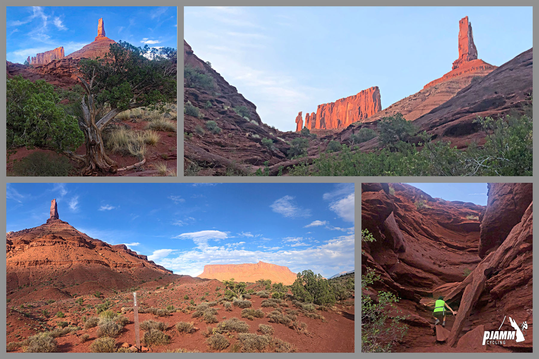 Cycling La Sal Loop Road at Castle Valley - photo collage, PJAMM Cycling logo in corner, views of Castleton Tower along hike, red dirt and low scrub brush, blue skies