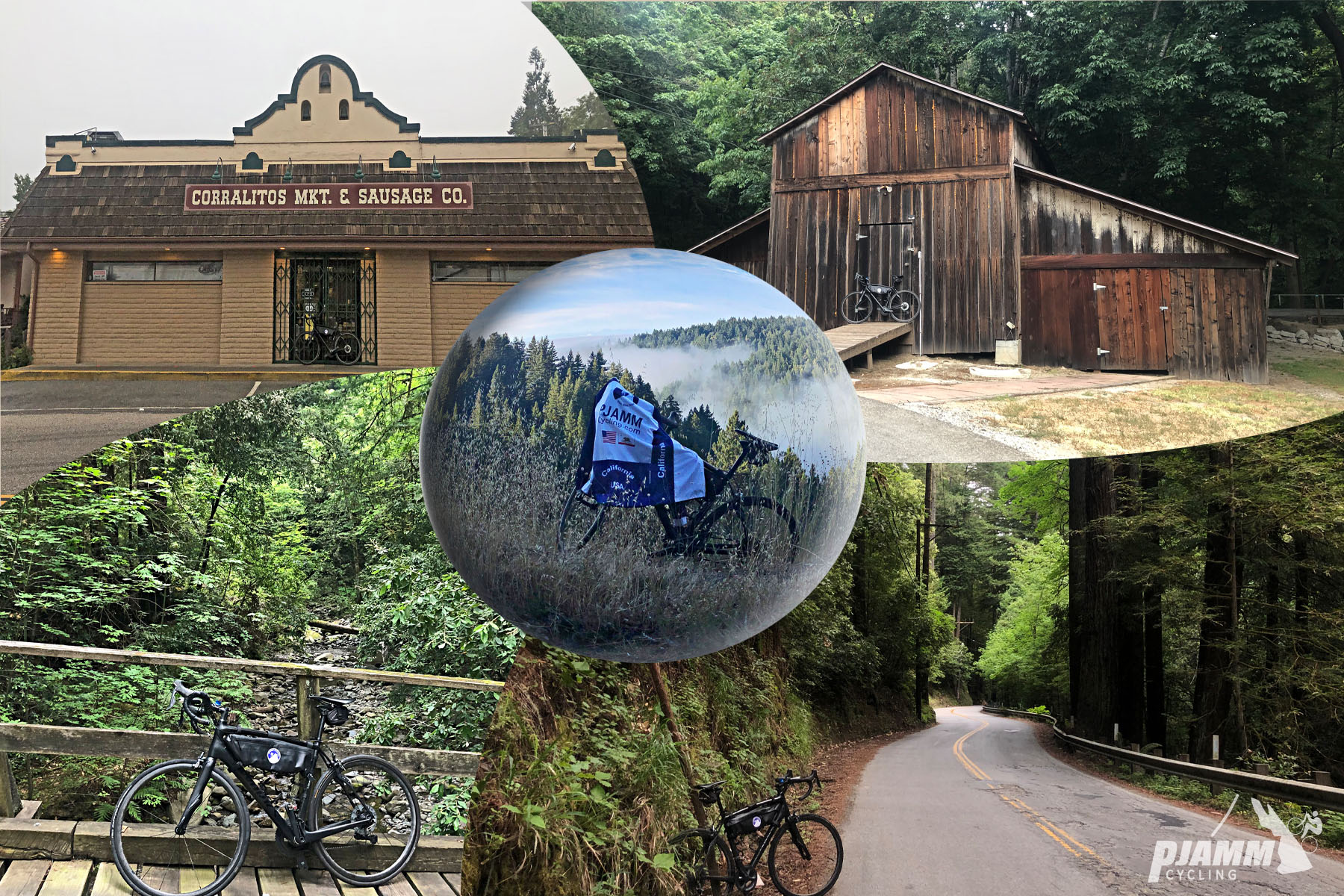 Cycling Eureka Canyon, Santa Cruz Mountains - photo collage: front facade of Corralitos Market & Sausage Co., Spanish style brown building, old weathered brown wood barn with bike leaning against front door, bike resting along fern-covered hillside wall along two-lane road surrounded by redwood trees, bike leaning against wooden railing of wood bridge over creek bed in forest, bike on top of hillside covered in pine trees, fog rolling in across mountainside, PJAMM cycling jersey draped over bike