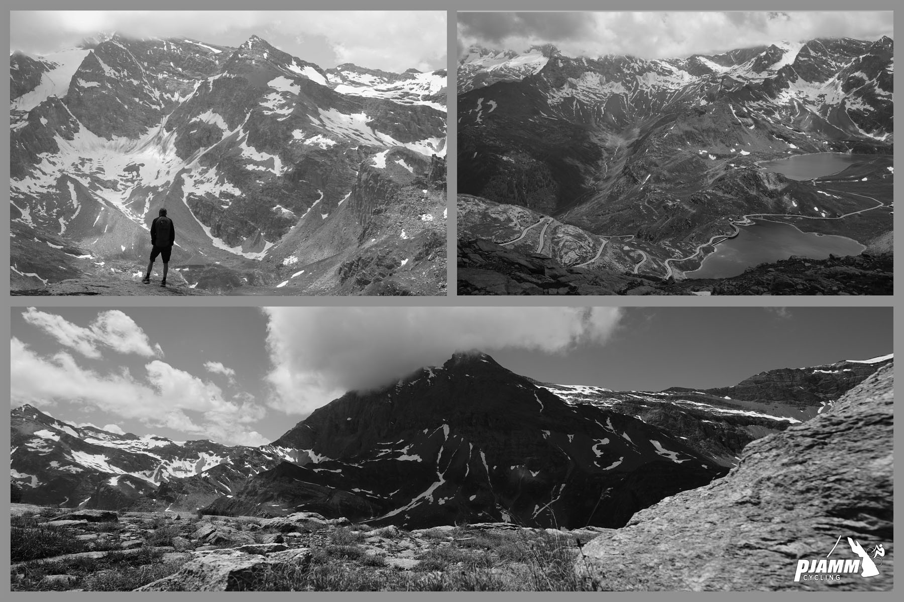 Cycling Colle de Nivolet, Italy - photo collage shows black and white views from the top of the climb