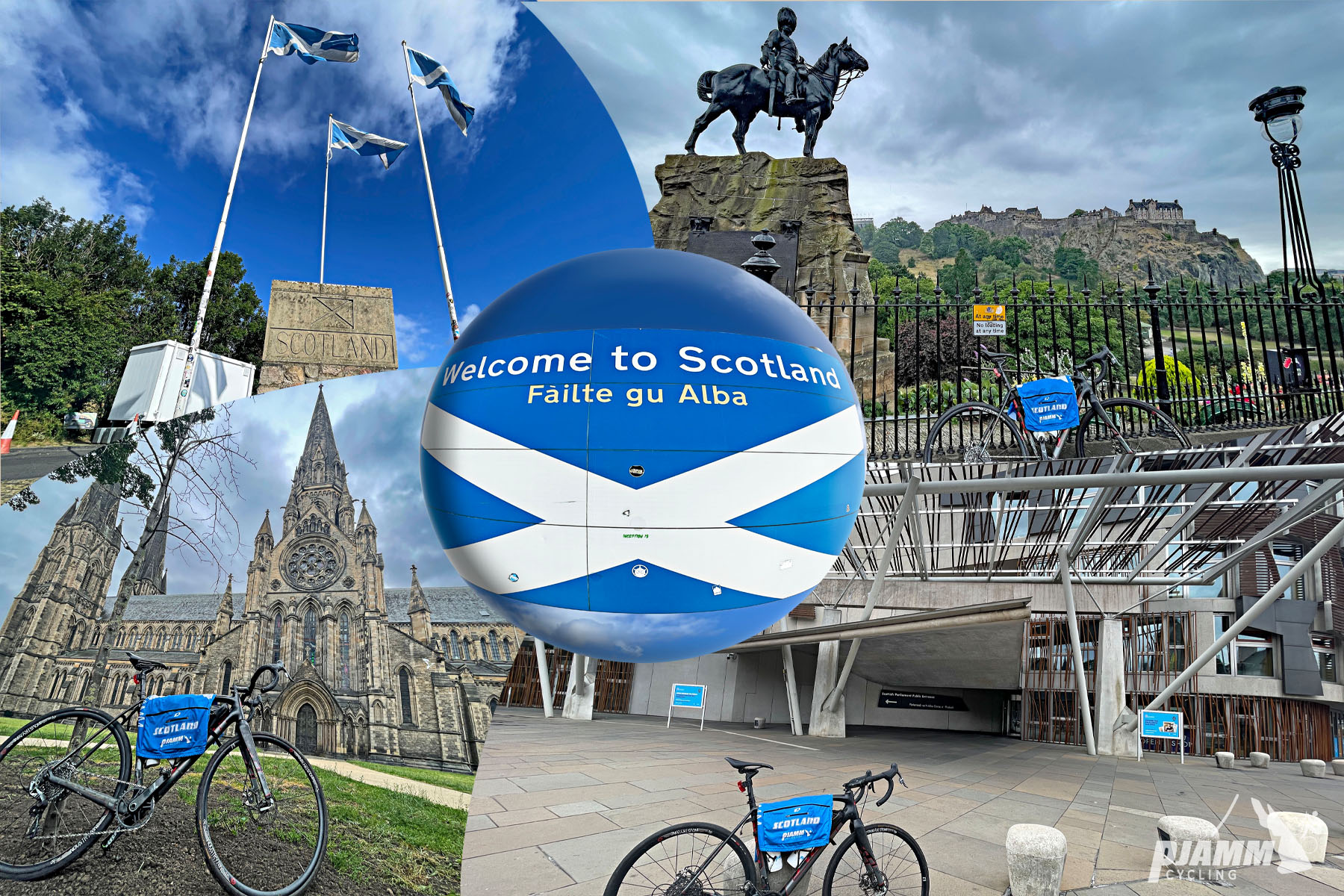 Cycling Scotland photo collage shows Edinburgh Castle, Parliament building, Saint Mary's Cathedral