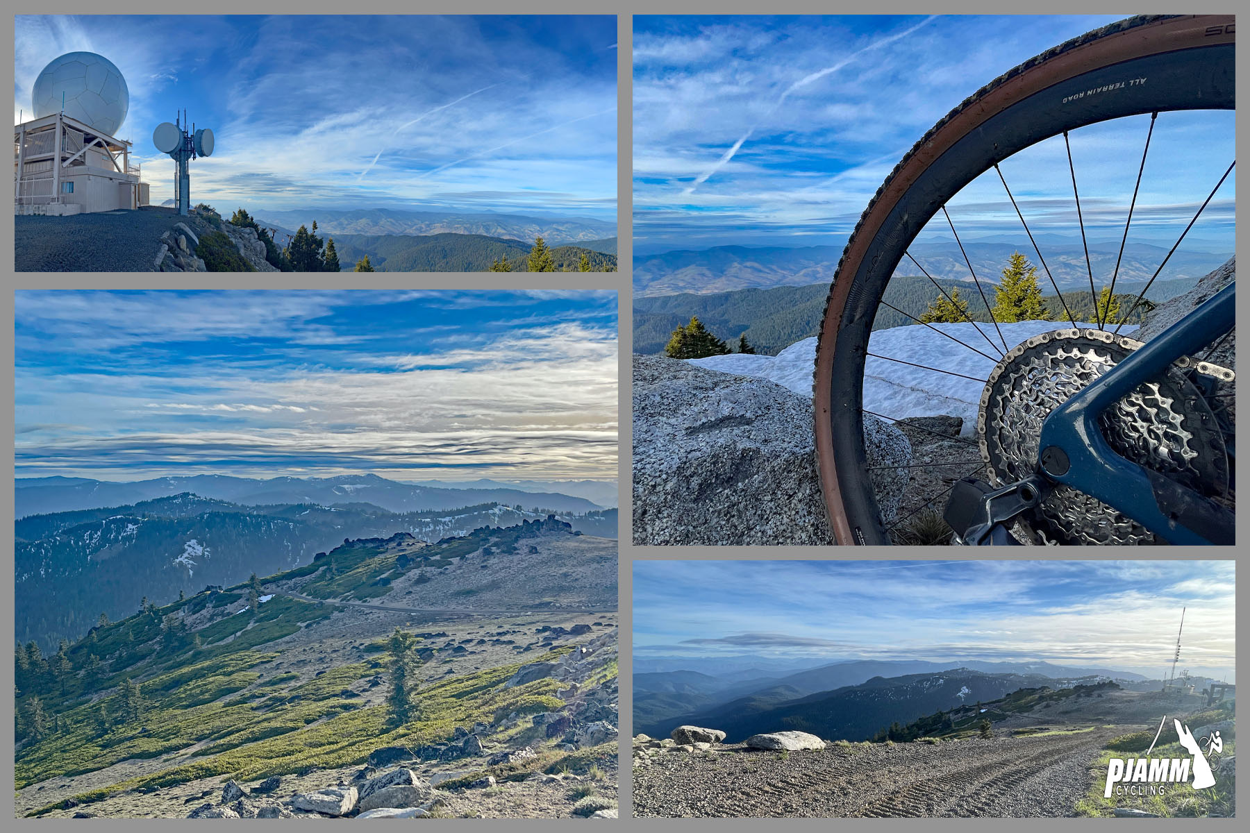 Cycling Mt. Ashland, Oregon via Loop Road: photo collage shows aerial drone views of deep volcanic ash, large white, round, National Weather Service dome, and bike parked in snow patch on mountain's top