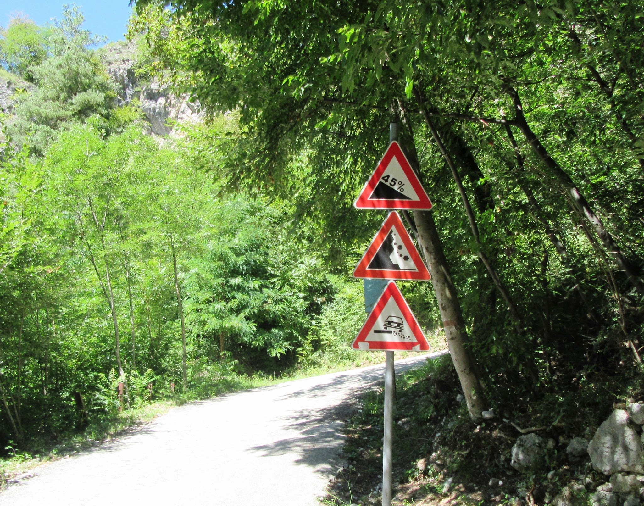 45% steepness road sign on Scanuppia Italy cycling climb.