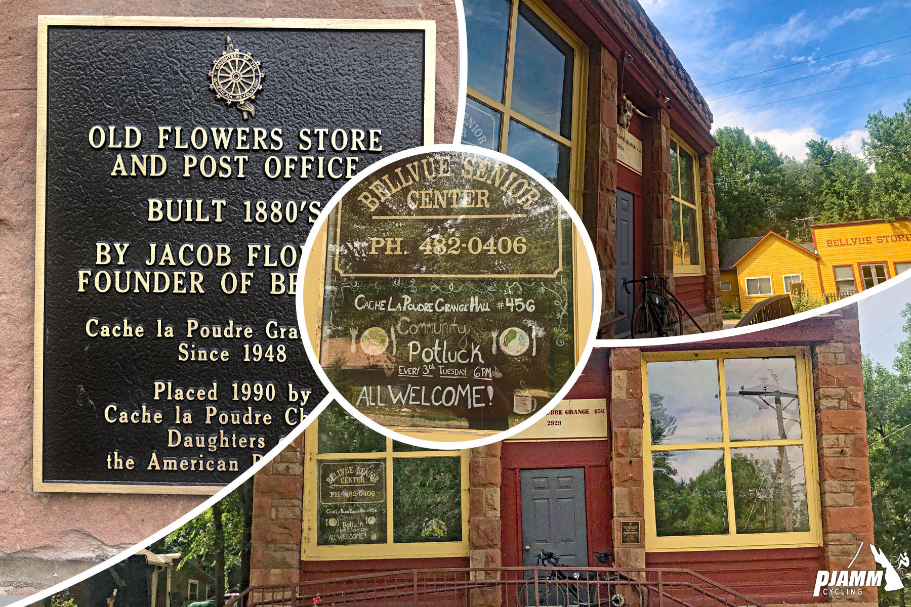 Cycling Rist Canyon East - photo collage, PJAMM Cycling logo in corner, bike parked in front of red brick building, Grange Hall, signs for Old Flowers Store and Post Office, Bellvue Senior Center