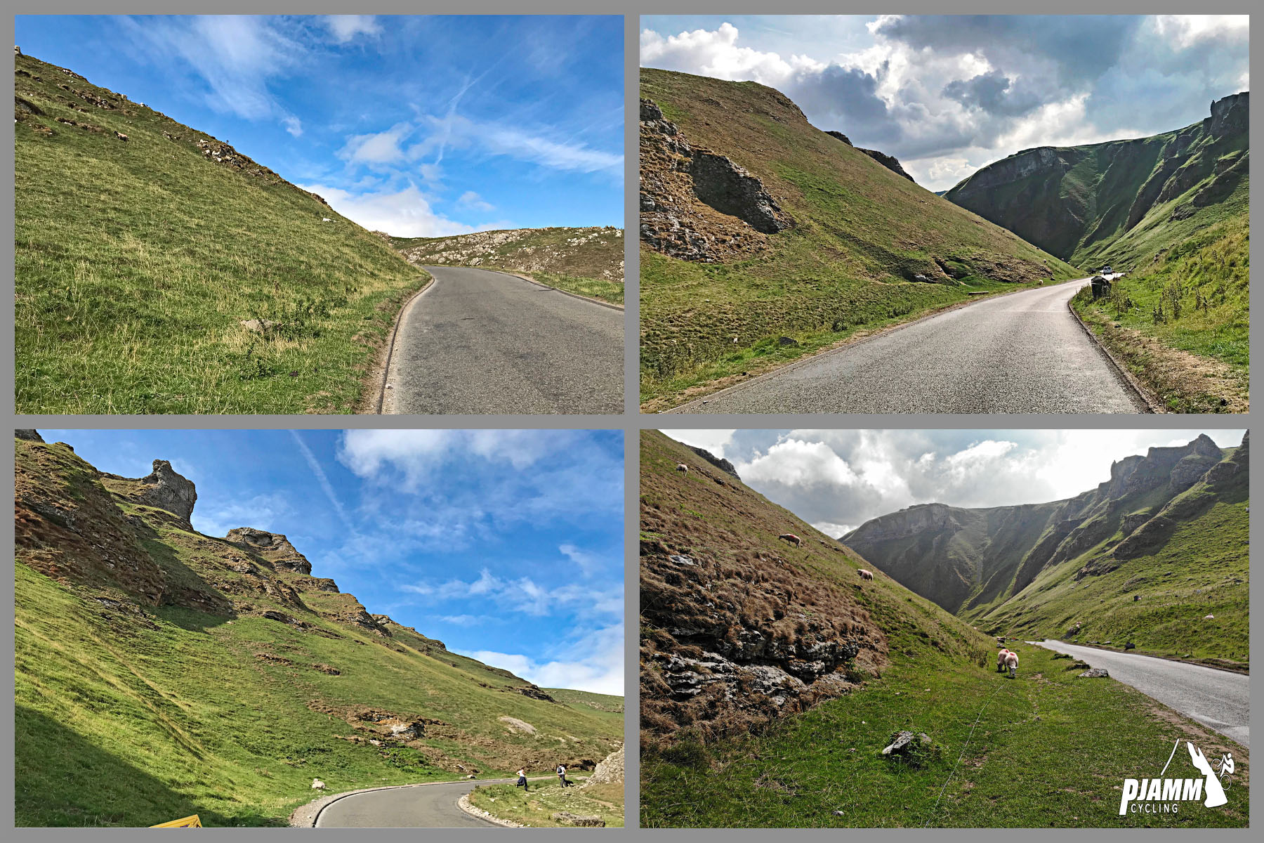 Cycling Winnats Pass - photo collage, straight and curved roadways leading through green hillsides and pastureland, PJAMM Cycling logo in corner