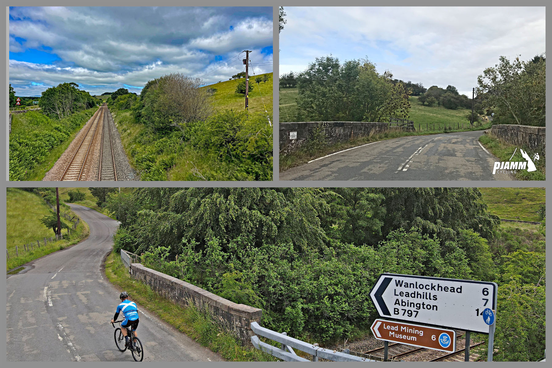 Cycling Mennock Pass, Scotland photo collage shows cyclist riding on two-lane roadway past sign for Lead Mining Museum; parallel train tracks
