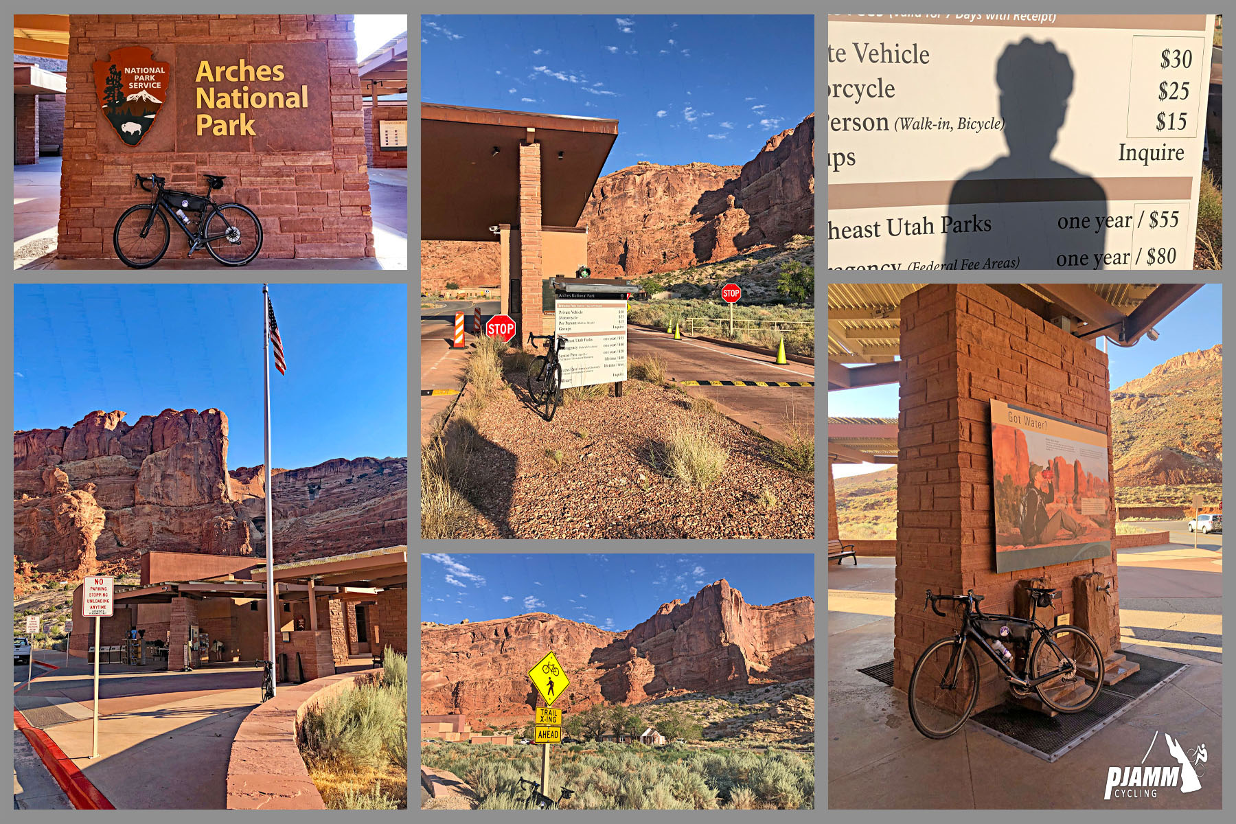 Cycling Arches National Park, Utah - photo collage, PJAMM Cycling logo in corner, bike parked in front of various signs at Arches National Park Visitor Center