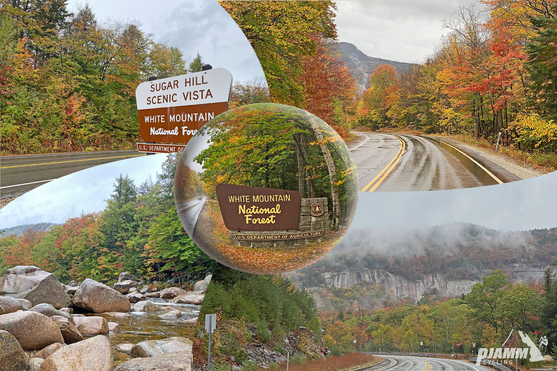Cycling Kancamagus East (Conway), New Hampshire - photo collage, sign for Sugar Hill Scenic Vista, sign for White Mountain National Forest, large boulders in creek bed, fall foliage, PJAMM Cycling logo in corner