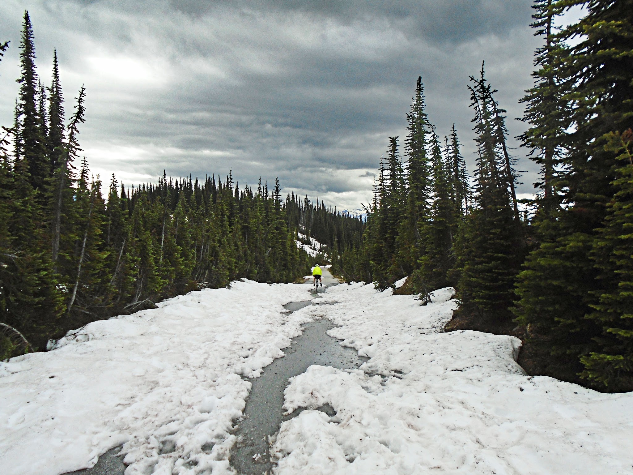 Cycling Mt. Revelstoke, BC, Canada - cyclist riding in very center of roadway almost completely covered in a couple inches of snow
