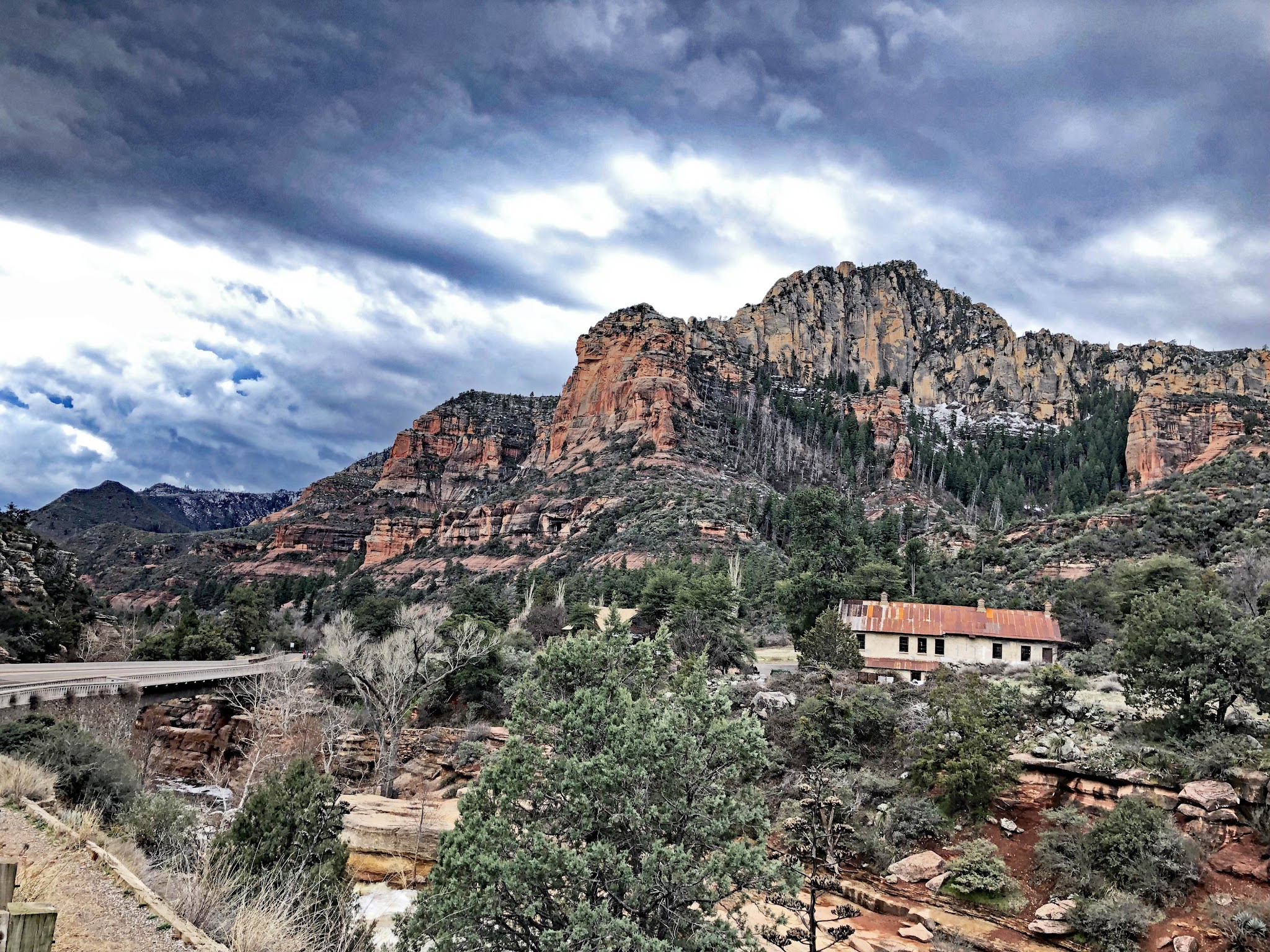 Arizona top bike climbs - Cycling Sedona and Hwy 89A - Oak Creek at Slide Rock State Park.  aerial drone photo