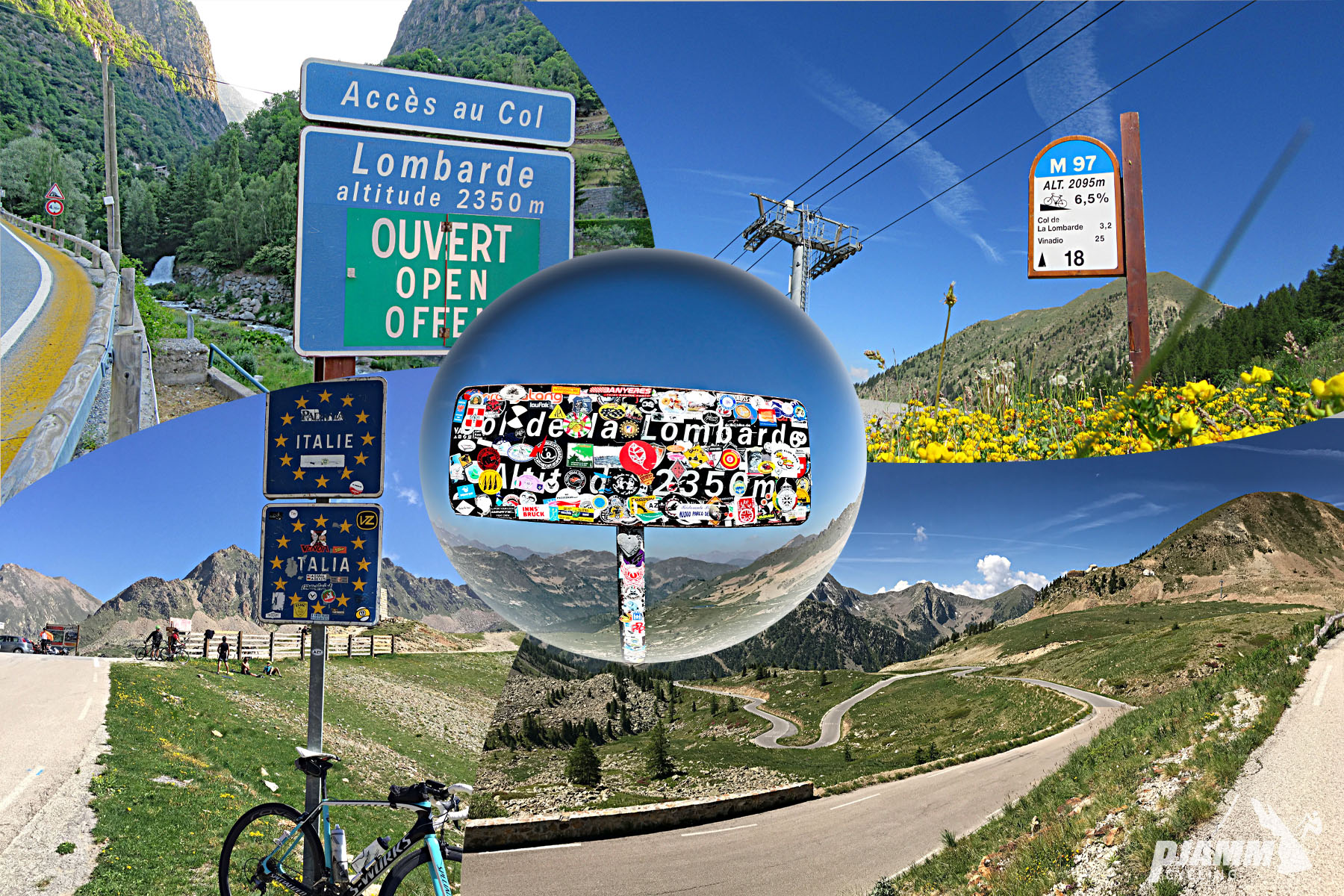 photo collage shows sticker covered sign at Col de la Lombarde finish, bike parked at sign for entrance to Italy, road sign for Acces au Col Lombarde