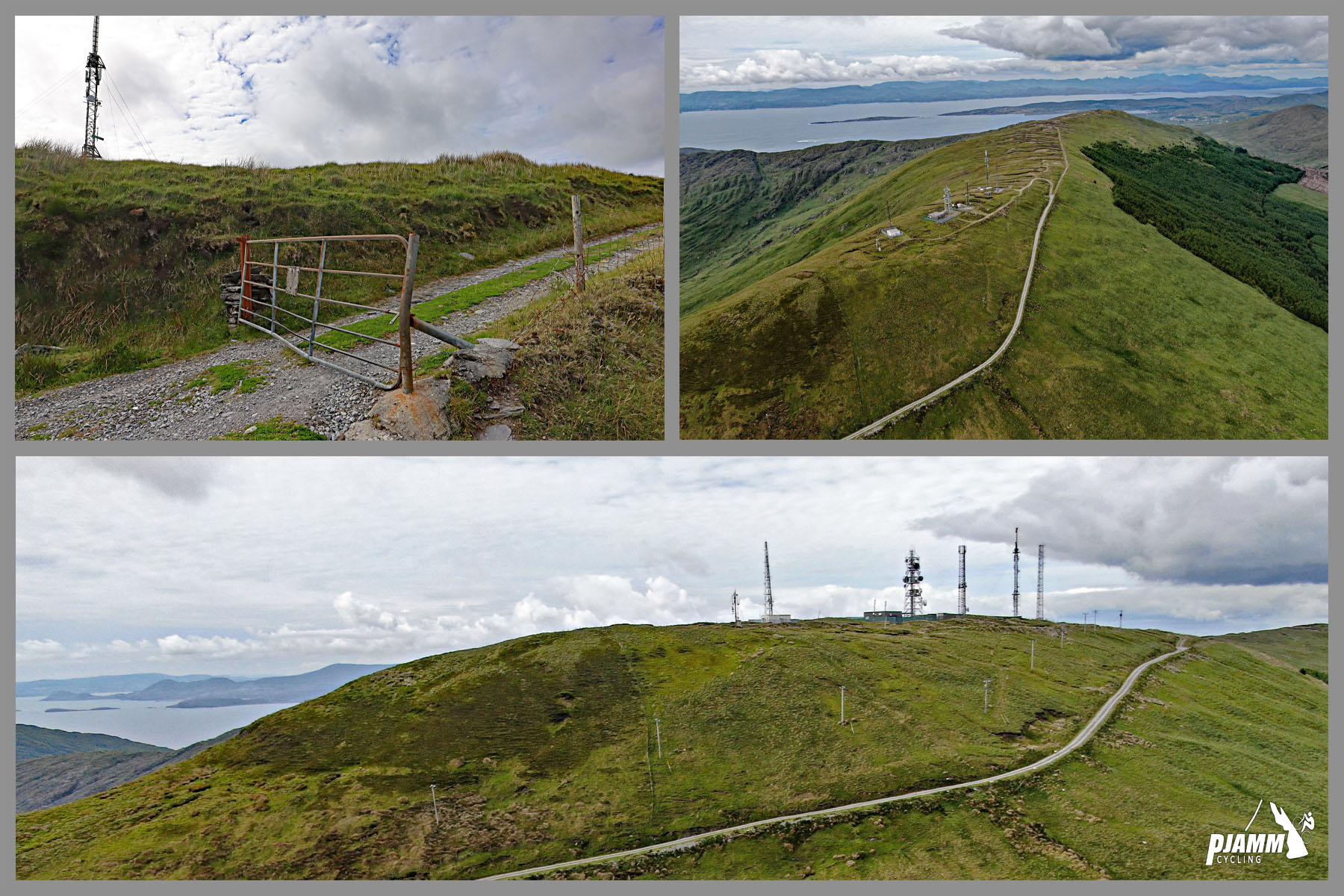 photo collage shows aerial view of road stretching out over top of green hillsides; radio tower
