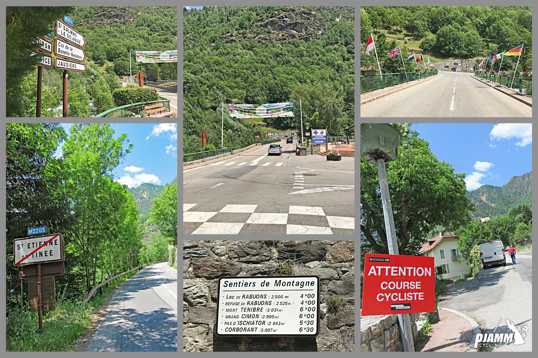 climb start in Etienne-de-Tinee, lush greenery surrounds roadways, many roadsigns including those reading "Attention, Course Cycliste"