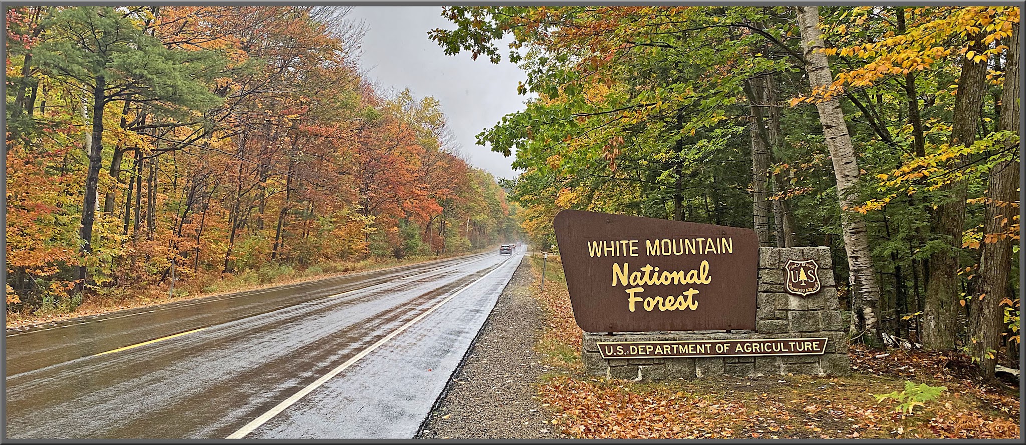 Cycling New England's White Mountains - NPS sign for White Mountain National Forest, fall foliage
