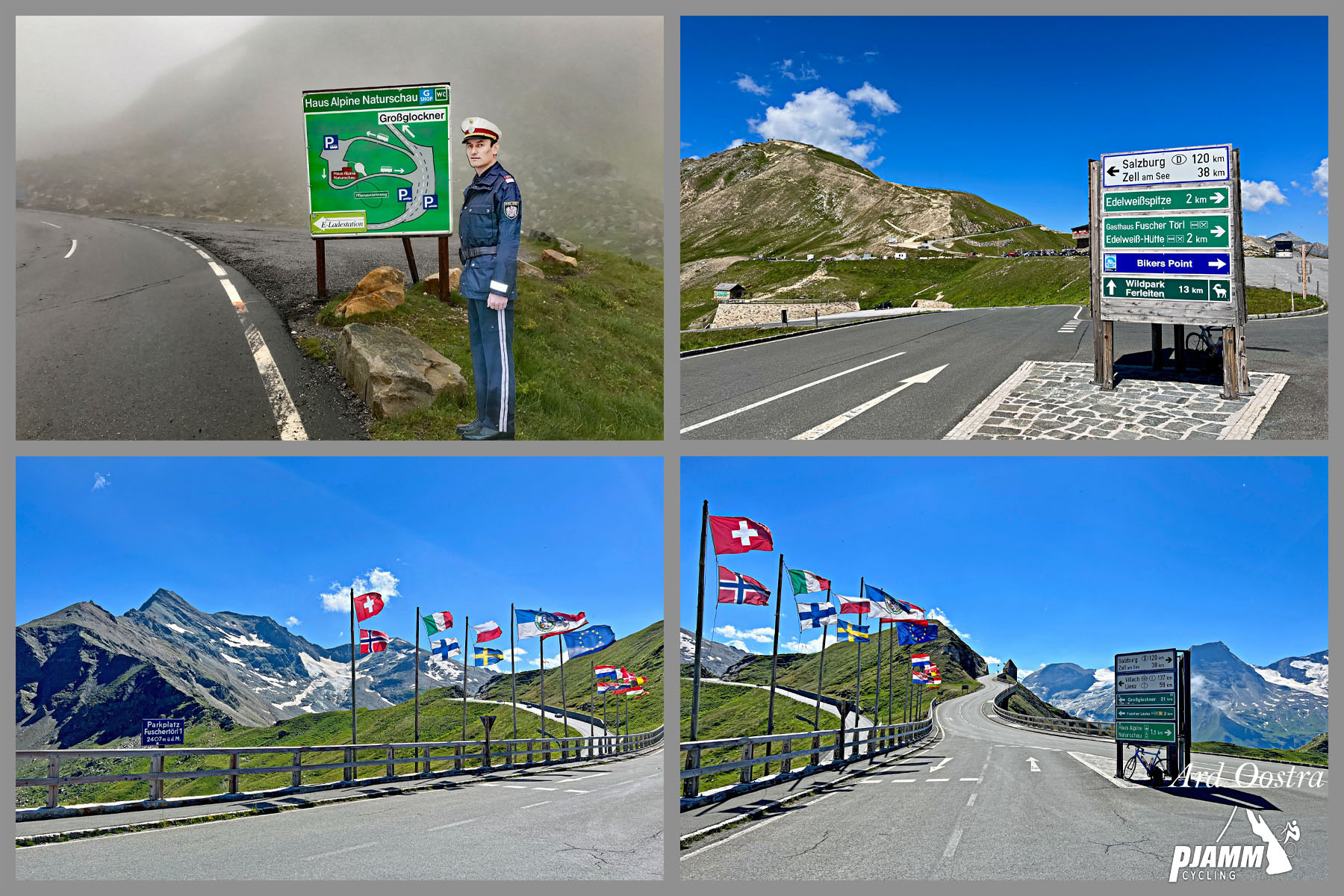 European flags line the roadway at the climb finish