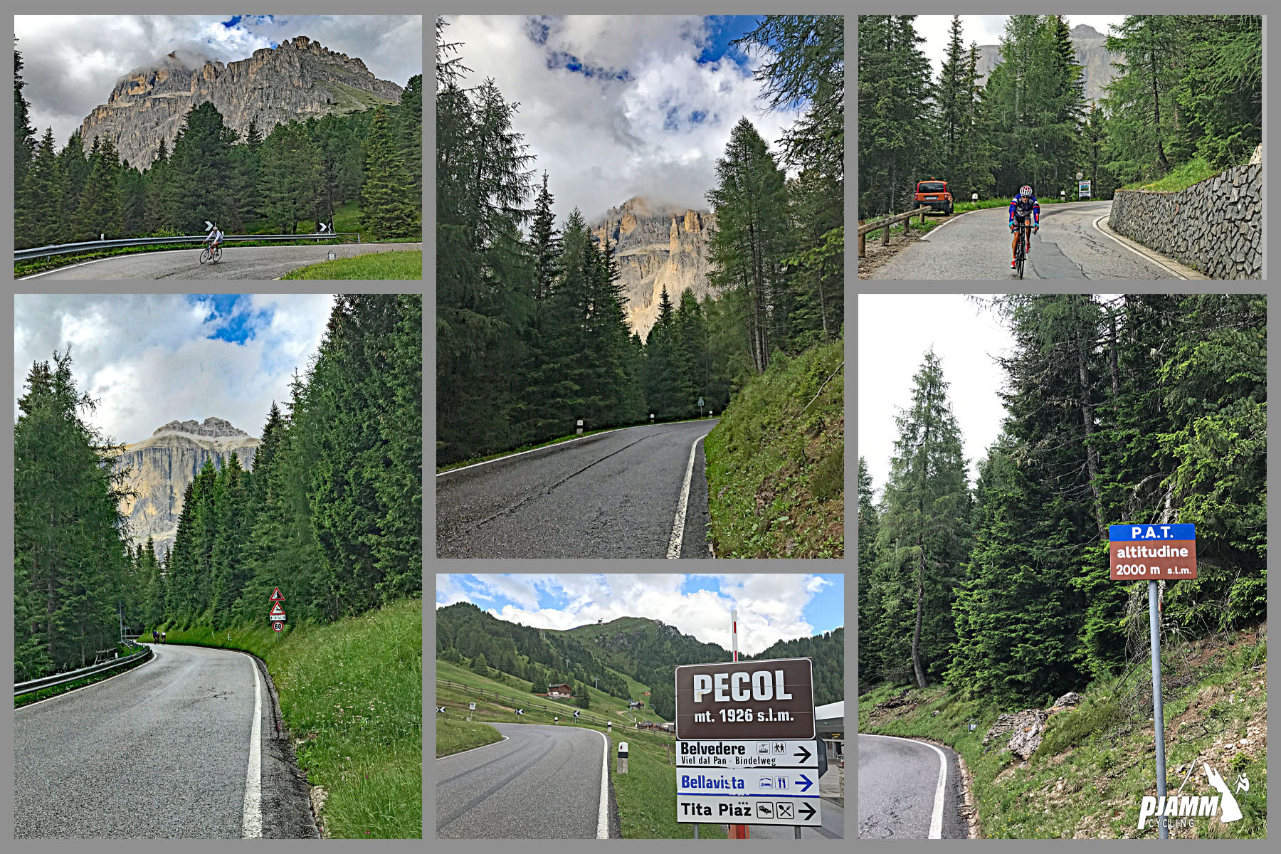 Cycling Passo Pordoi from Canazei - heading up the mountainside, large grey rock formations and evergreen trees