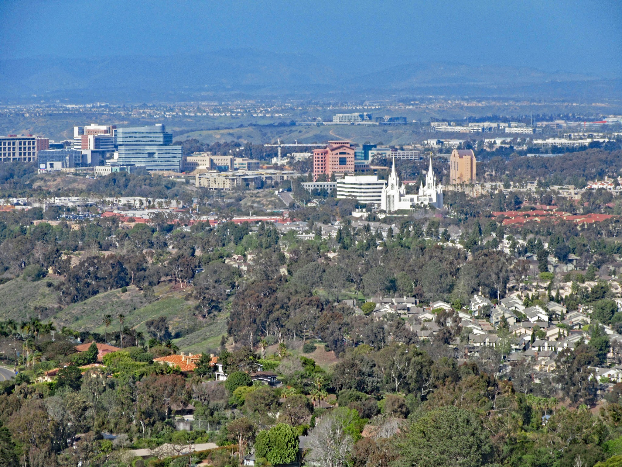View of La Jolla looking down from climb summit, LDS temple seen in distance
