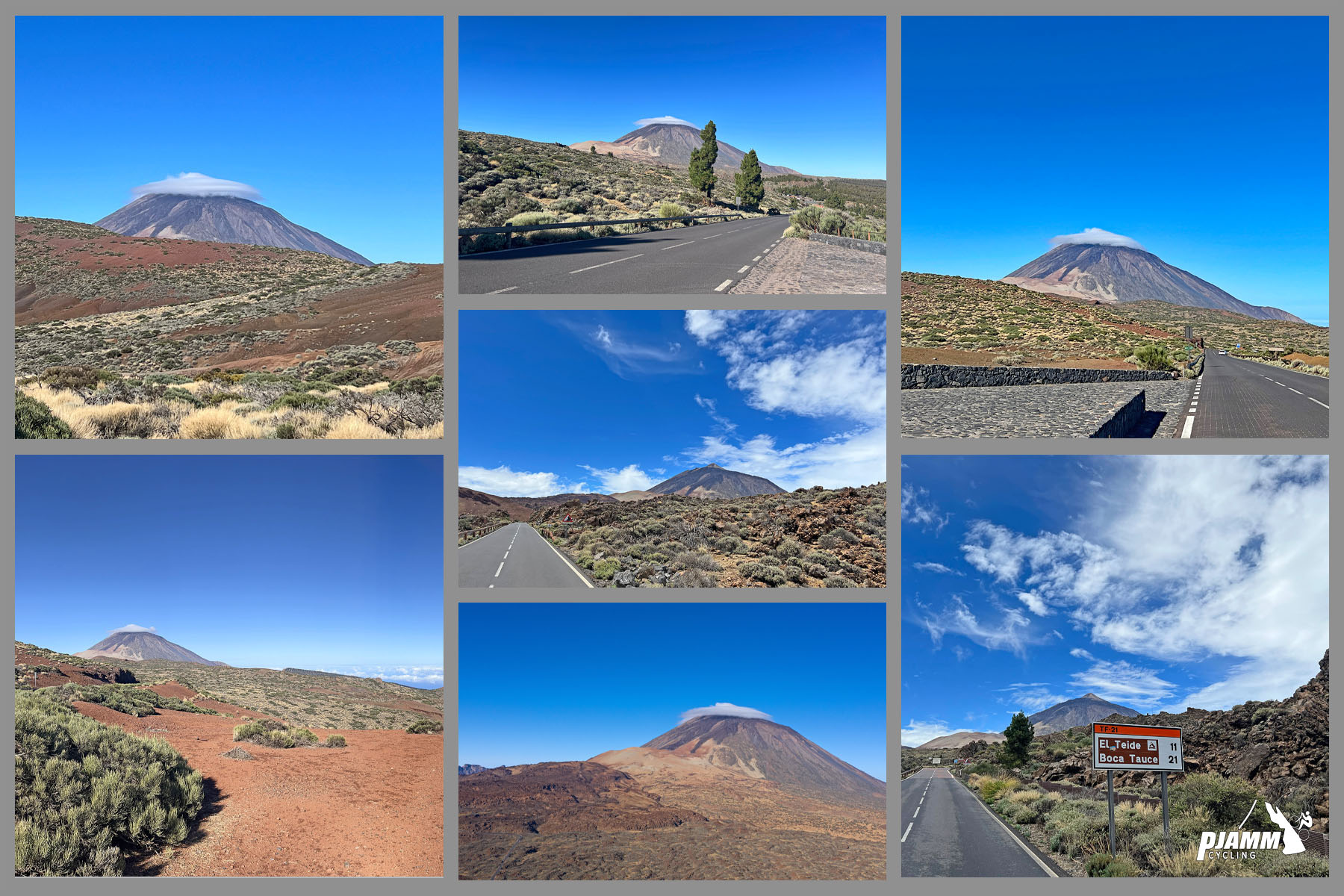 photo collage shows views of cloud-capped Mt. Tiede approaching in distance from climb