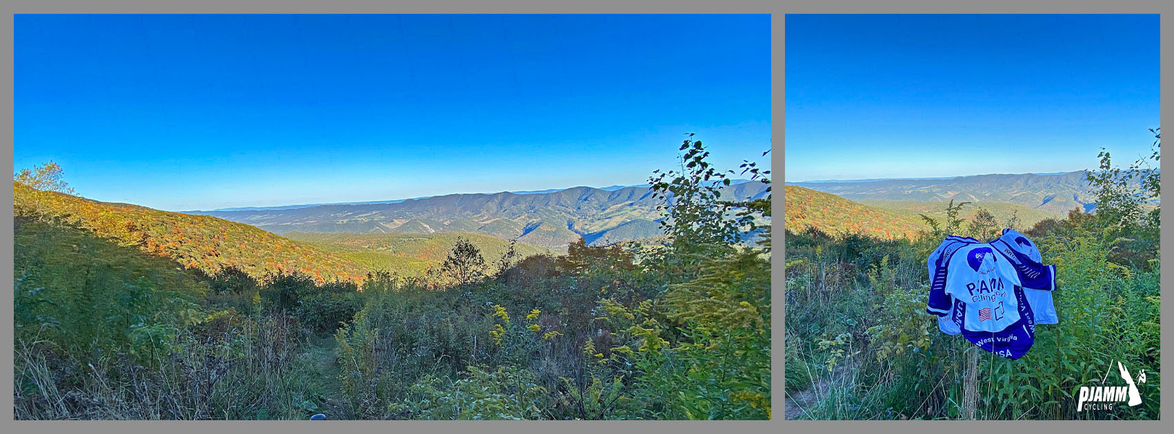 Cycling Spruce Knob, West Virginia - panoramic views at overlook, fall foliage, mountains in background, bright blue skies, PJAMM Cycling jersey draped over post at overlook, PJAMM Cycling logo in corner