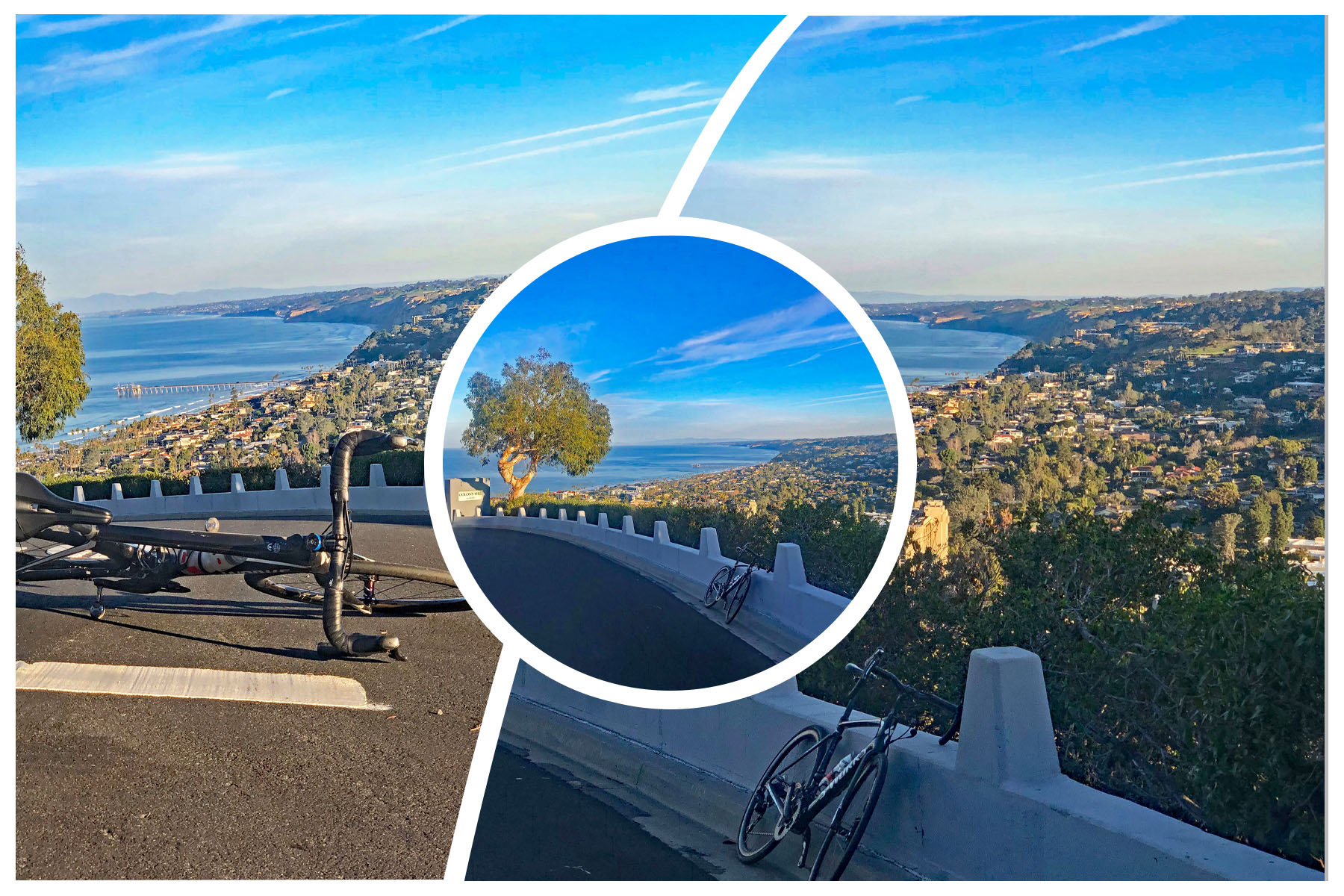 Cycling Mt. Soledad via Capri, San Diego, California - bike parked on low white retaining wall along roadside overlooking sweeping views of the city and Pacific Ocean